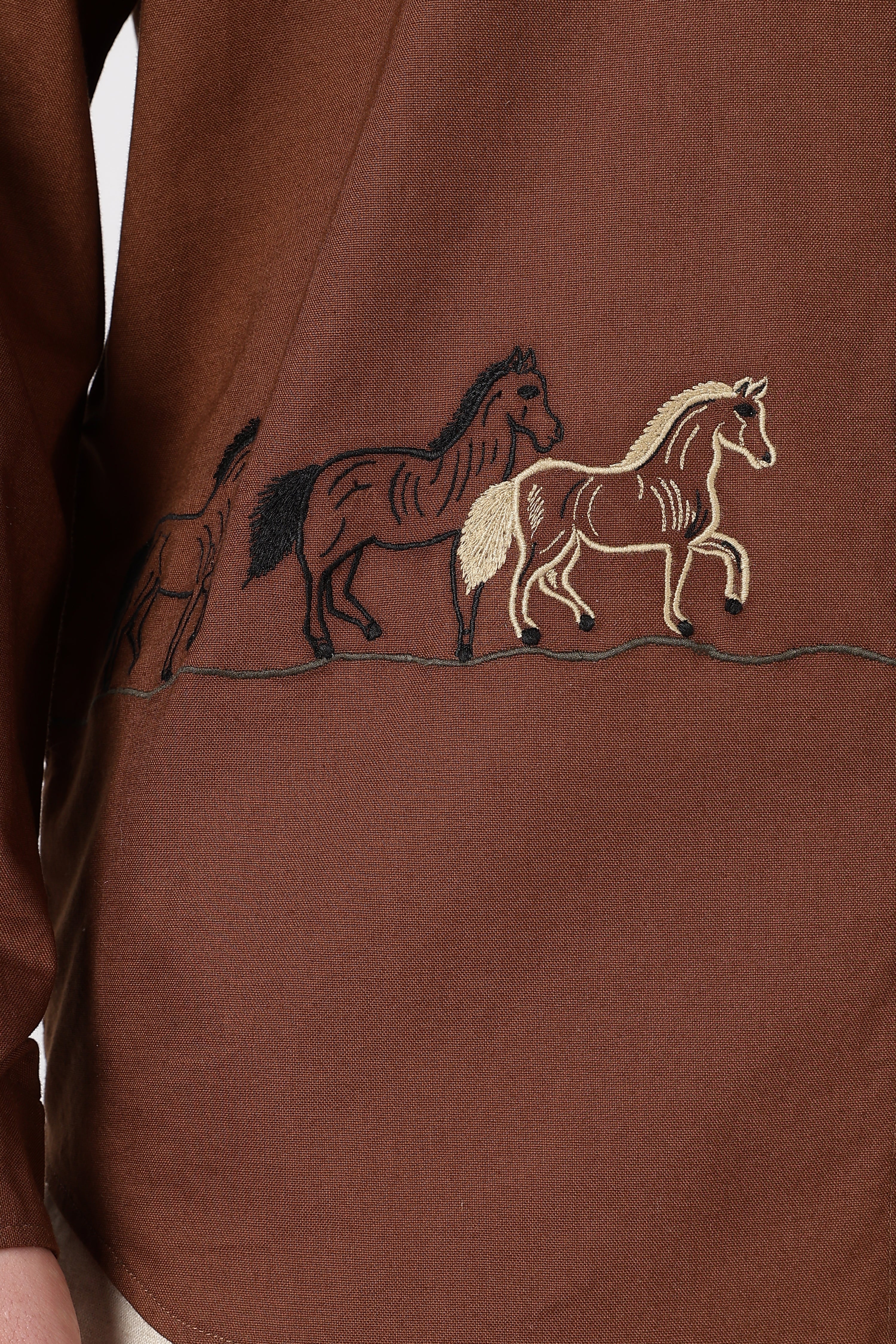 The Cavalier Cotton Regular Fit Chocolate Brown Embroidered Shirt