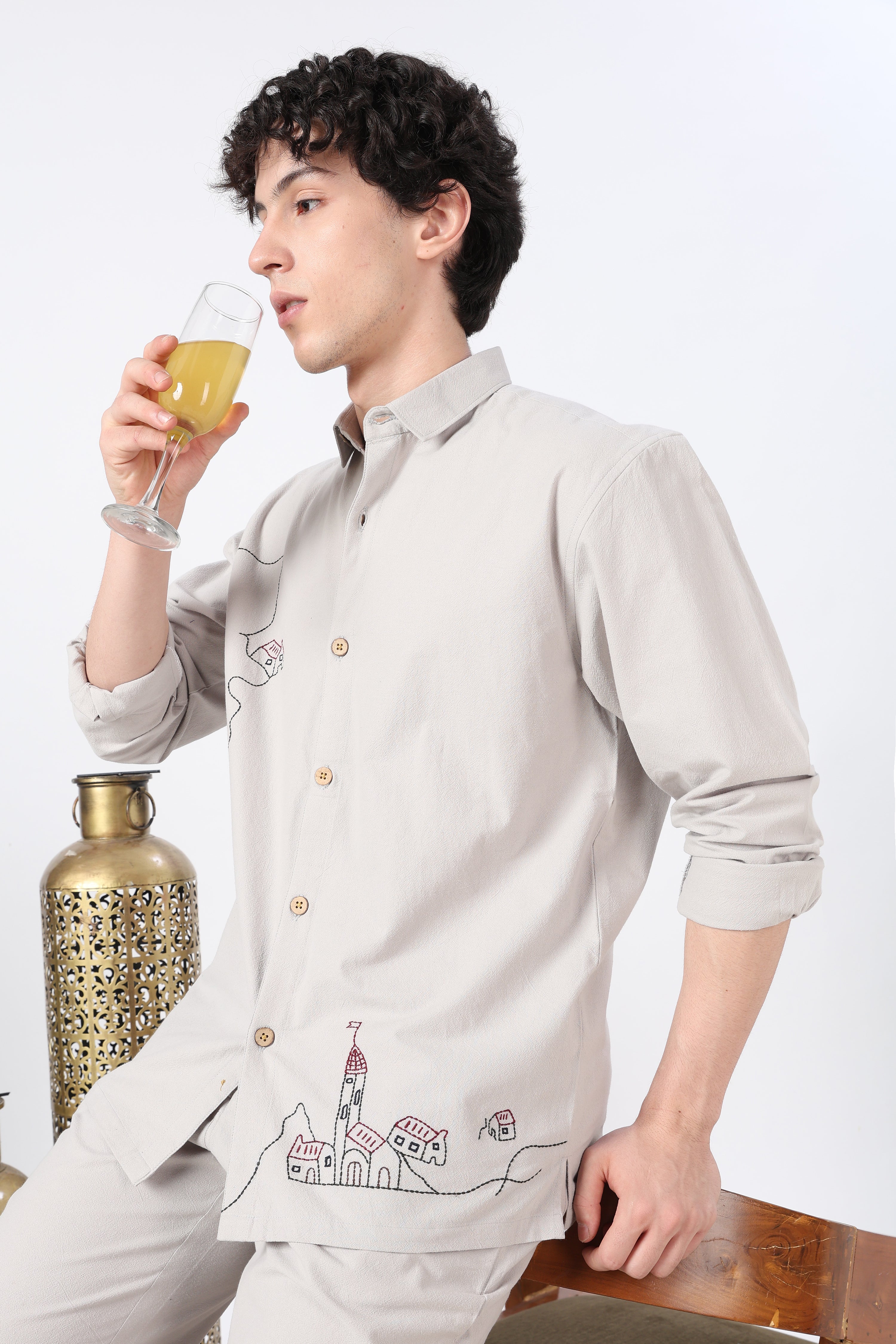 Village Stroll Grey Cotton Co-ordinated Outfits for Mens