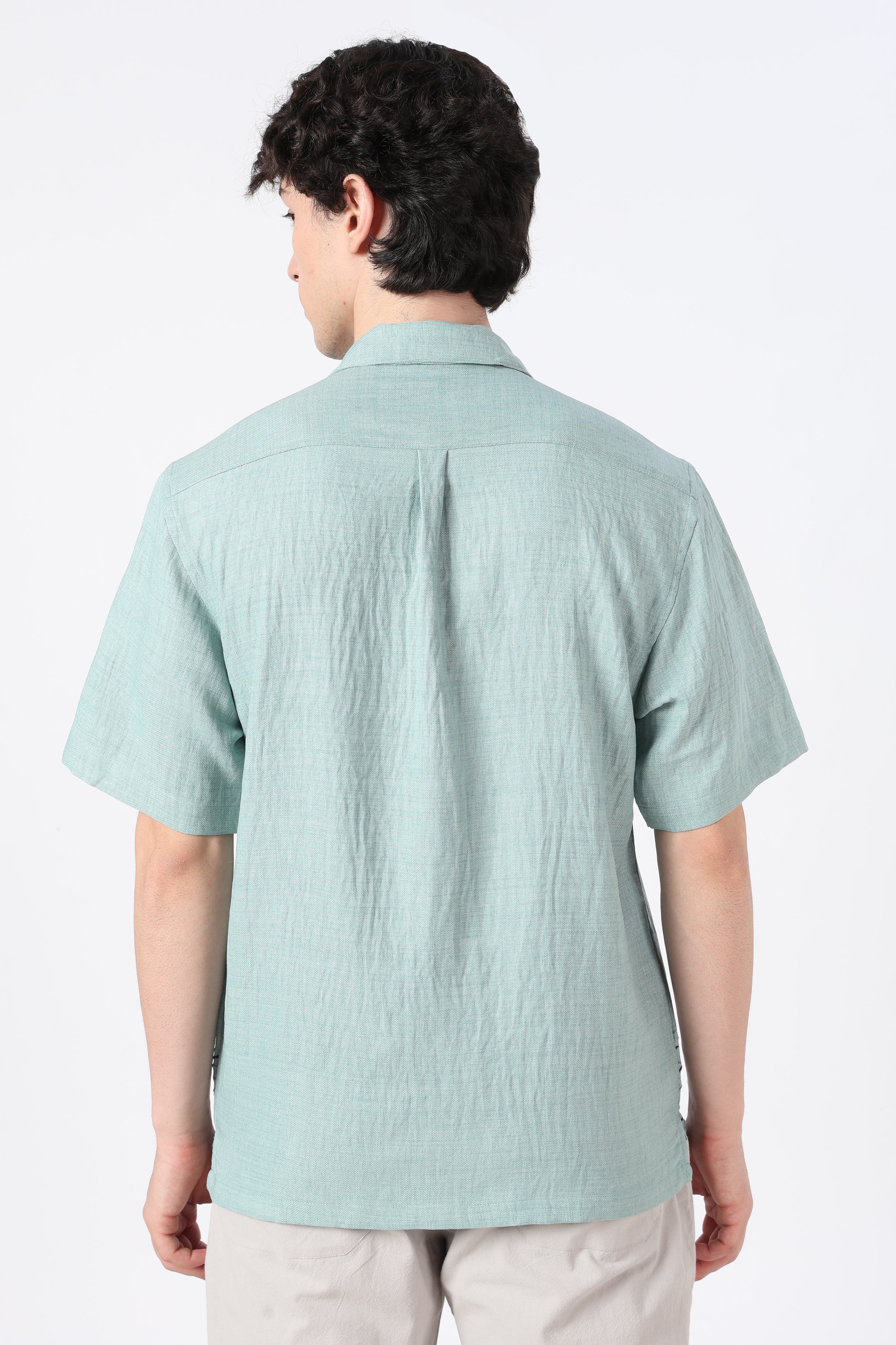 Sailboat Hem Cotton Box Fit Sky Blue Embroidered Shirt