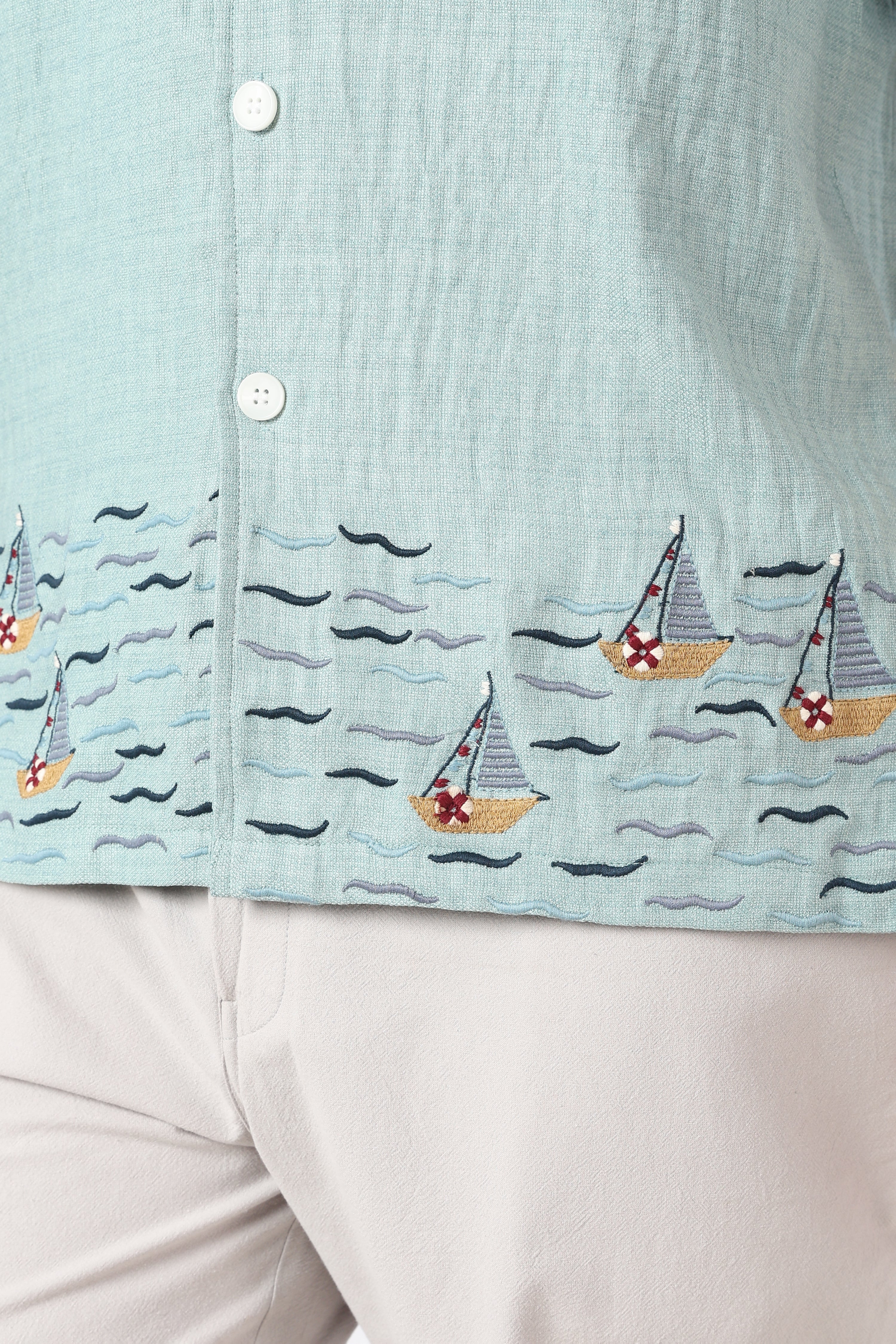 Sailboat Hem Cotton Box Fit Sky Blue Embroidered Shirt