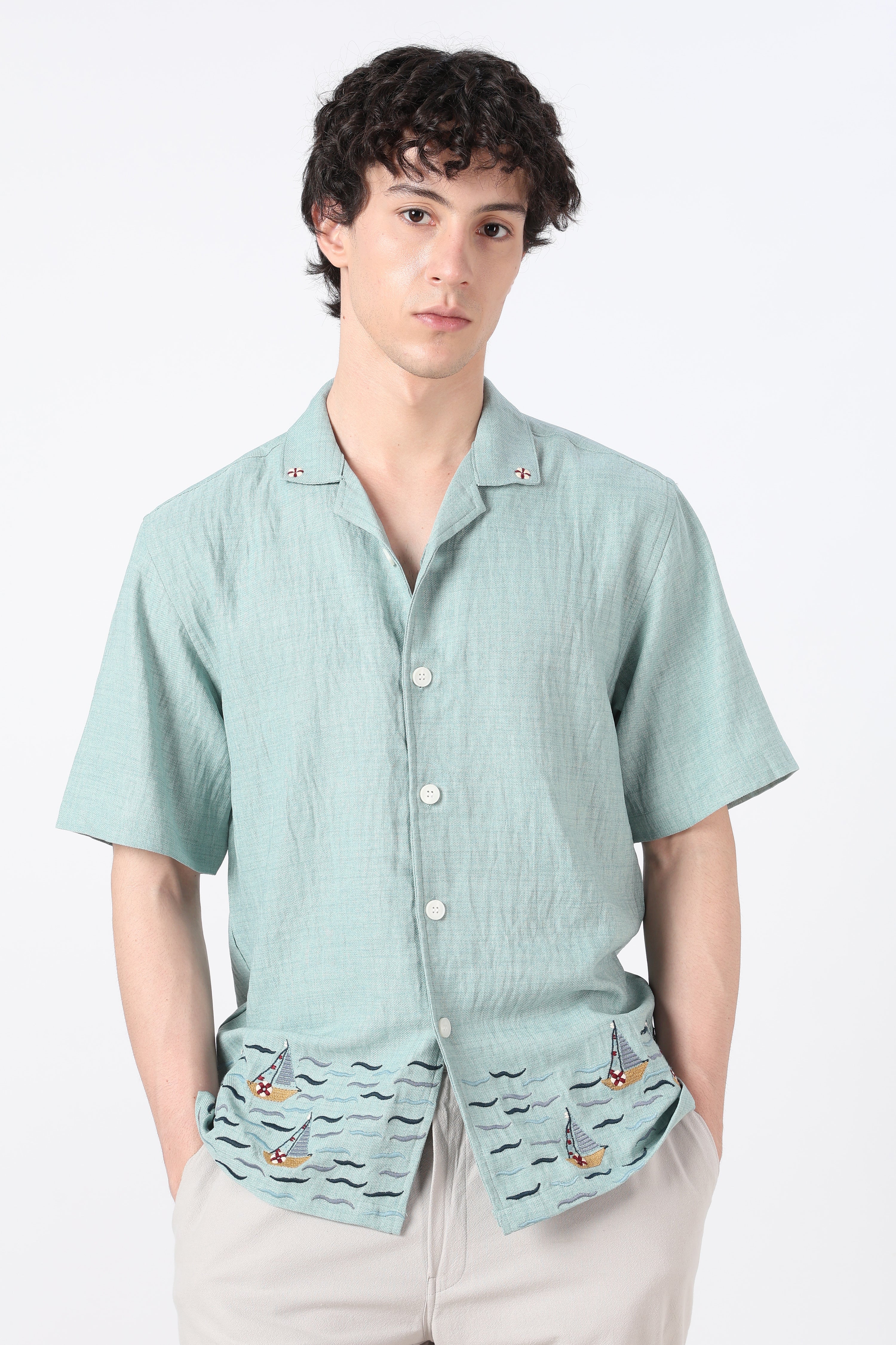 Sailboat Hem Cotton Box Fit Sky Blue Embroidered Shirt