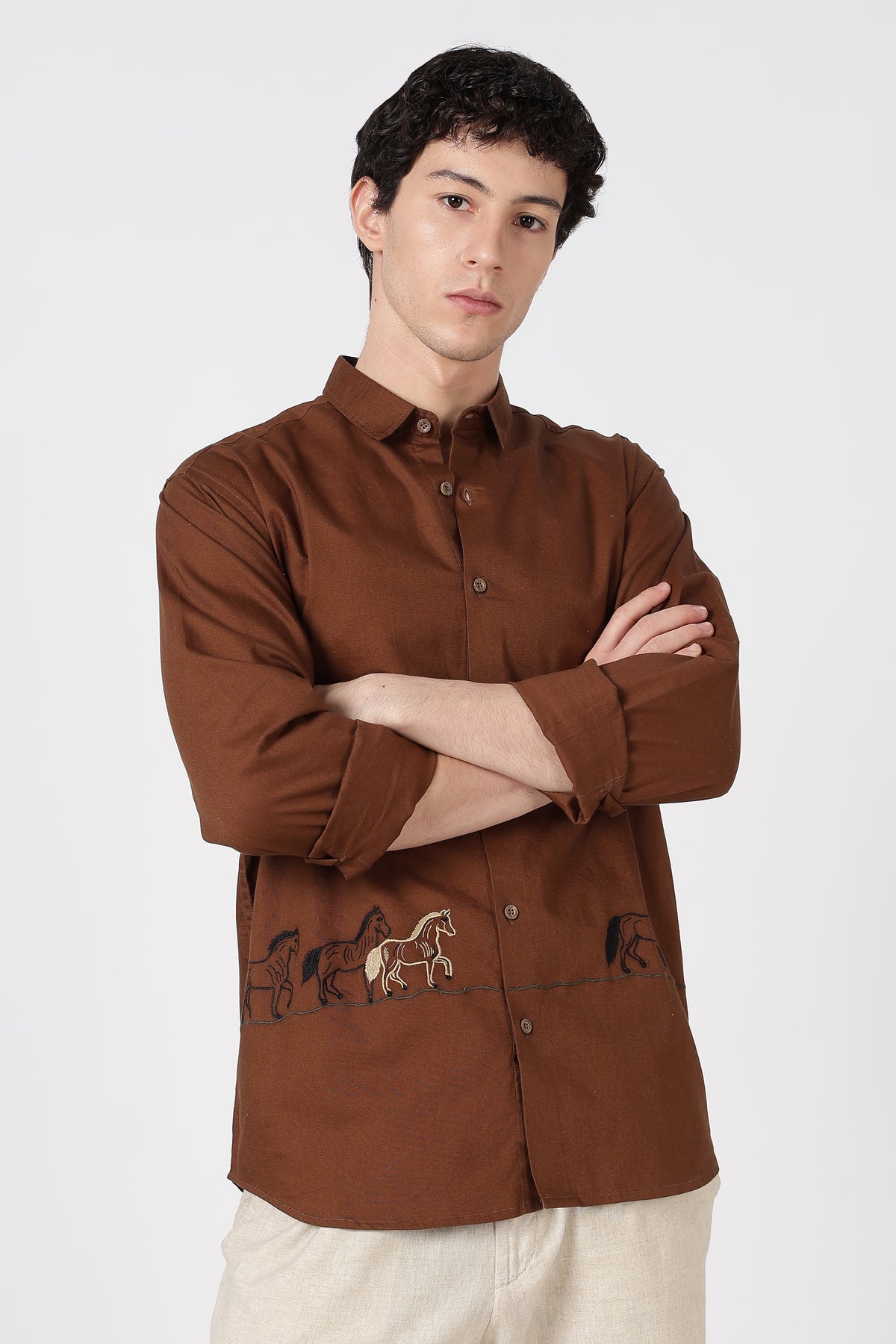 The Cavalier Cotton Regular Fit Chocolate Brown Embroidered Shirt