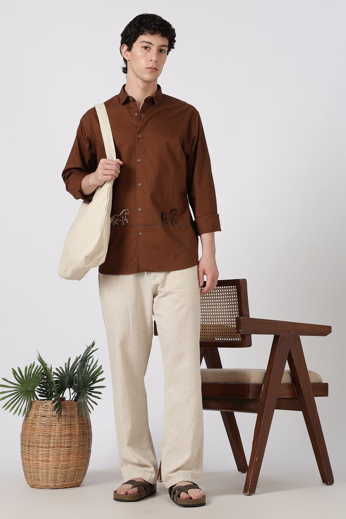 The Cavalier Cotton Regular Fit Chocolate Brown Embroidered Shirt