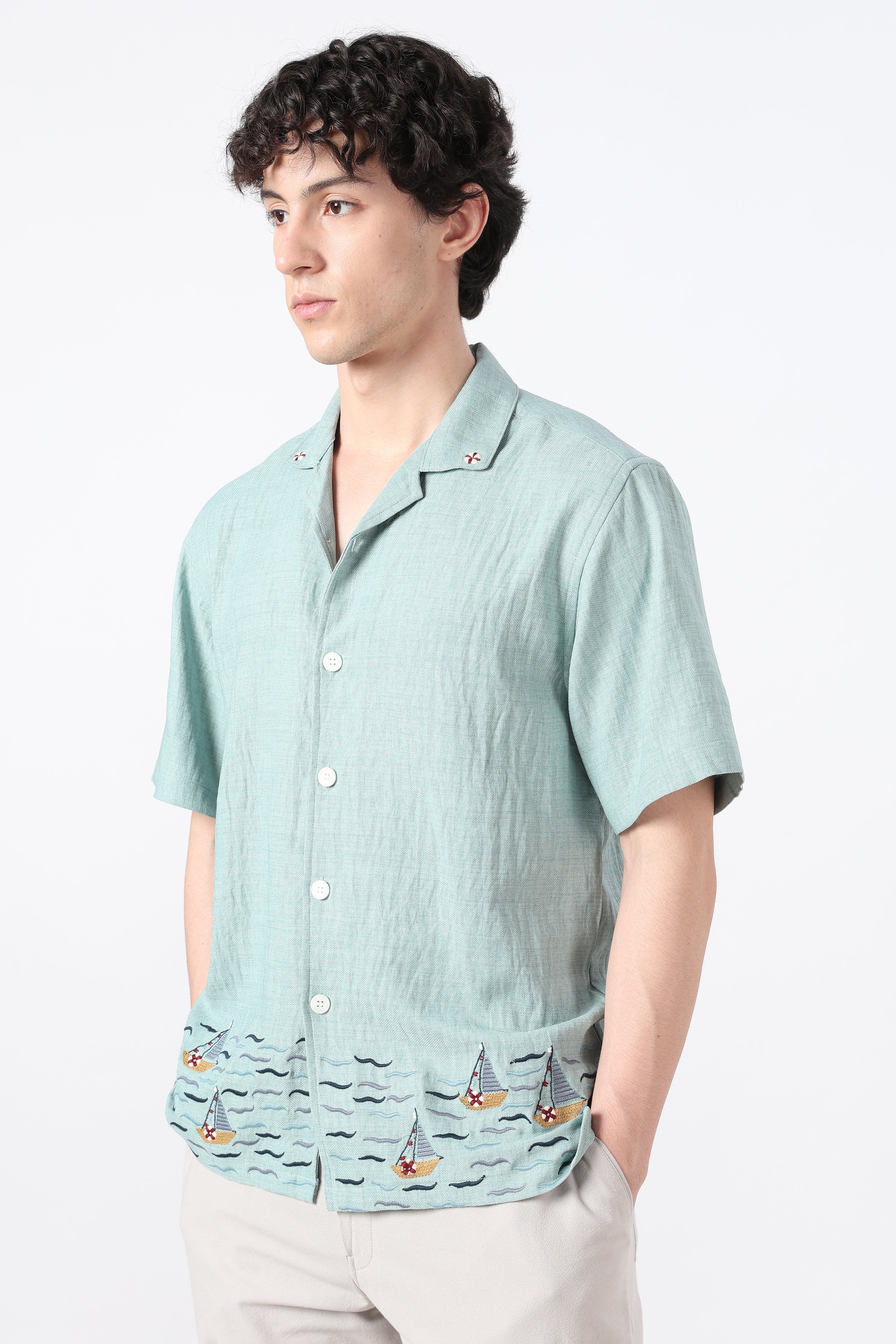 Sailboat Hem Cotton Box Fit Sky Blue Embroidered Shirt