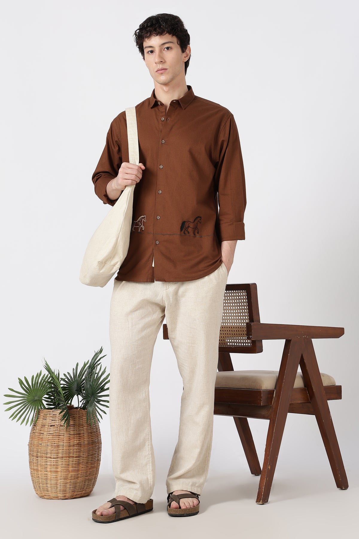 The Cavalier Cotton Regular Fit Chocolate Brown Embroidered Shirt