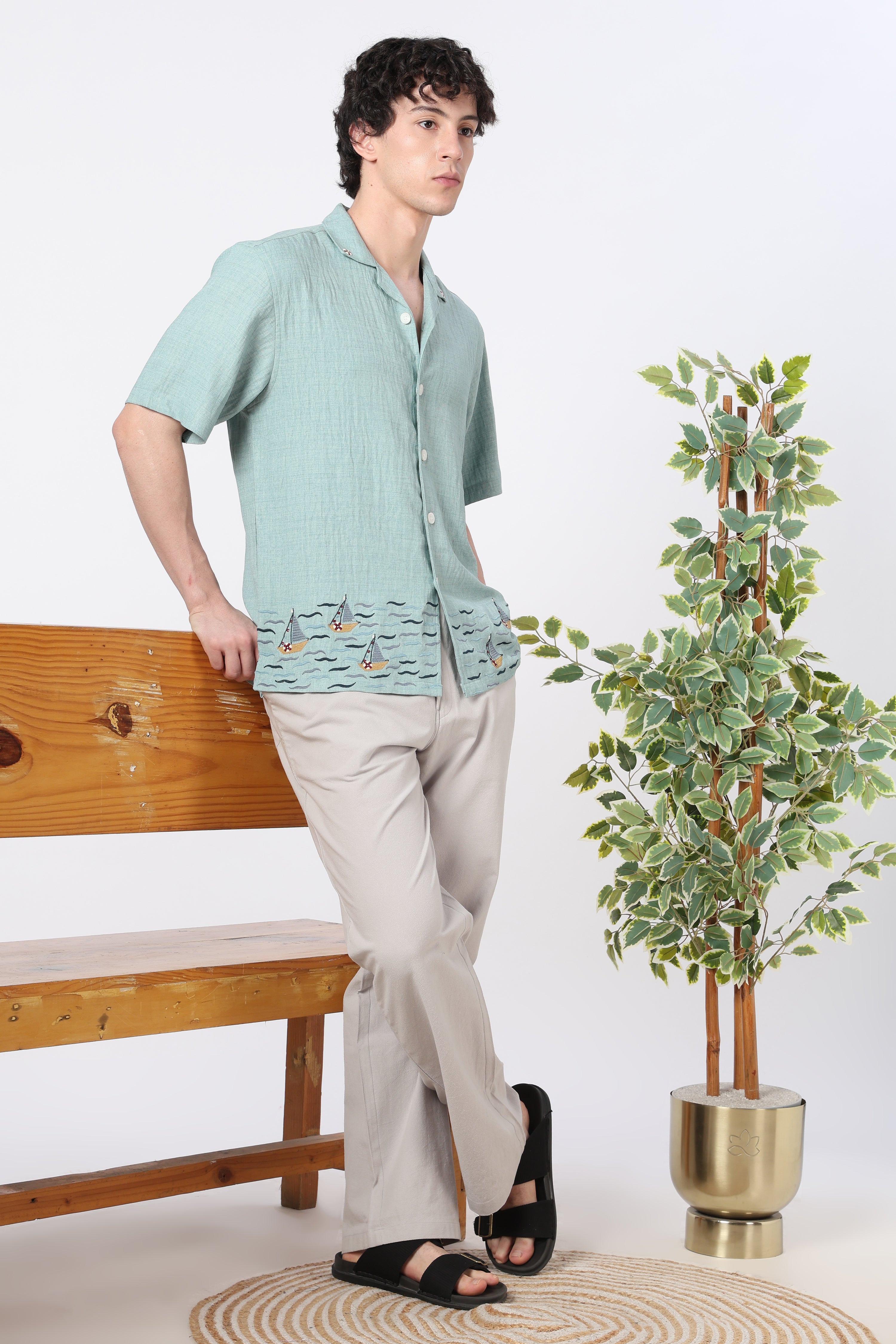 Sailboat Hem Cotton Box Fit Sky Blue Embroidered Shirt