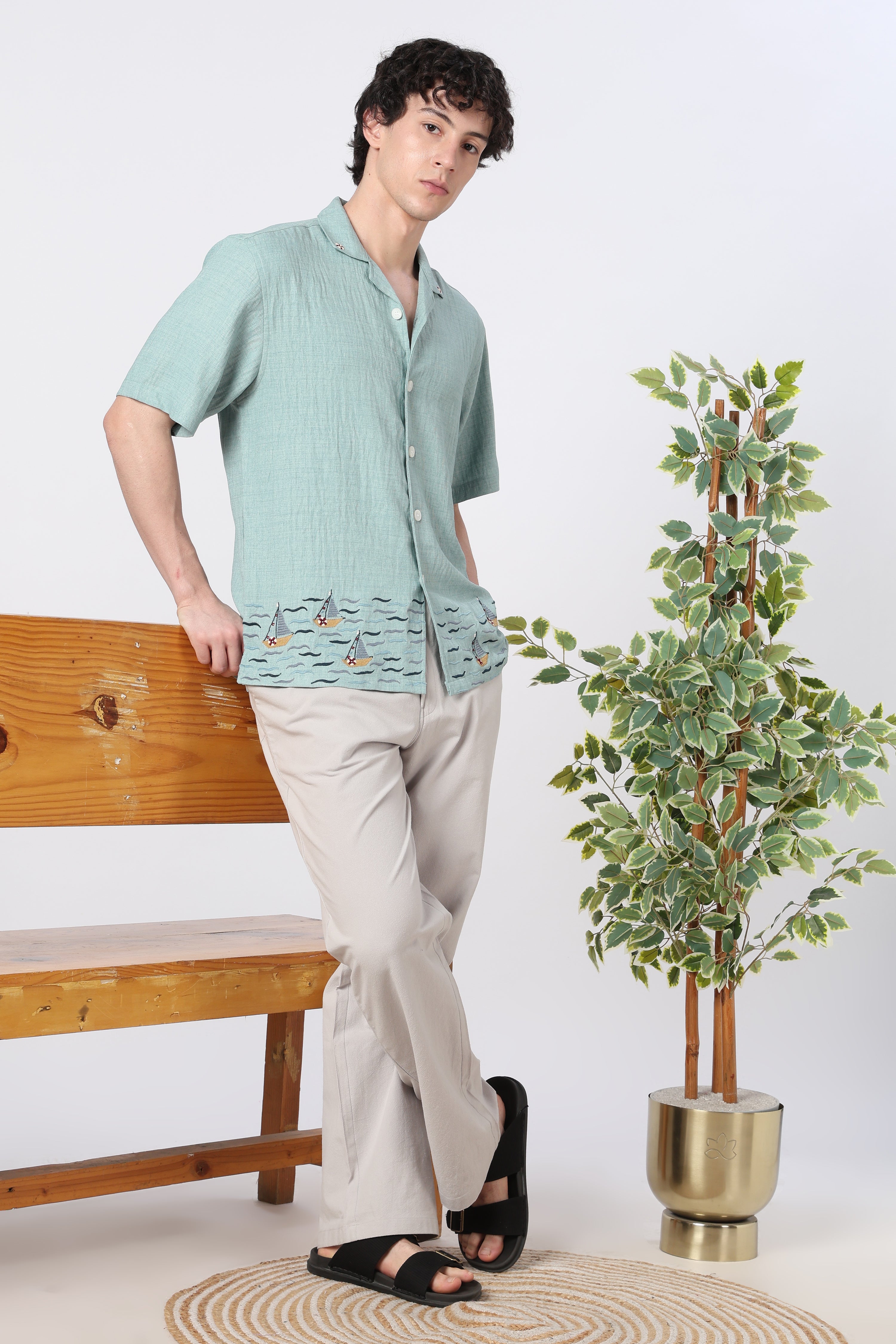 Sailboat Hem Cotton Box Fit Sky Blue Embroidered Shirt