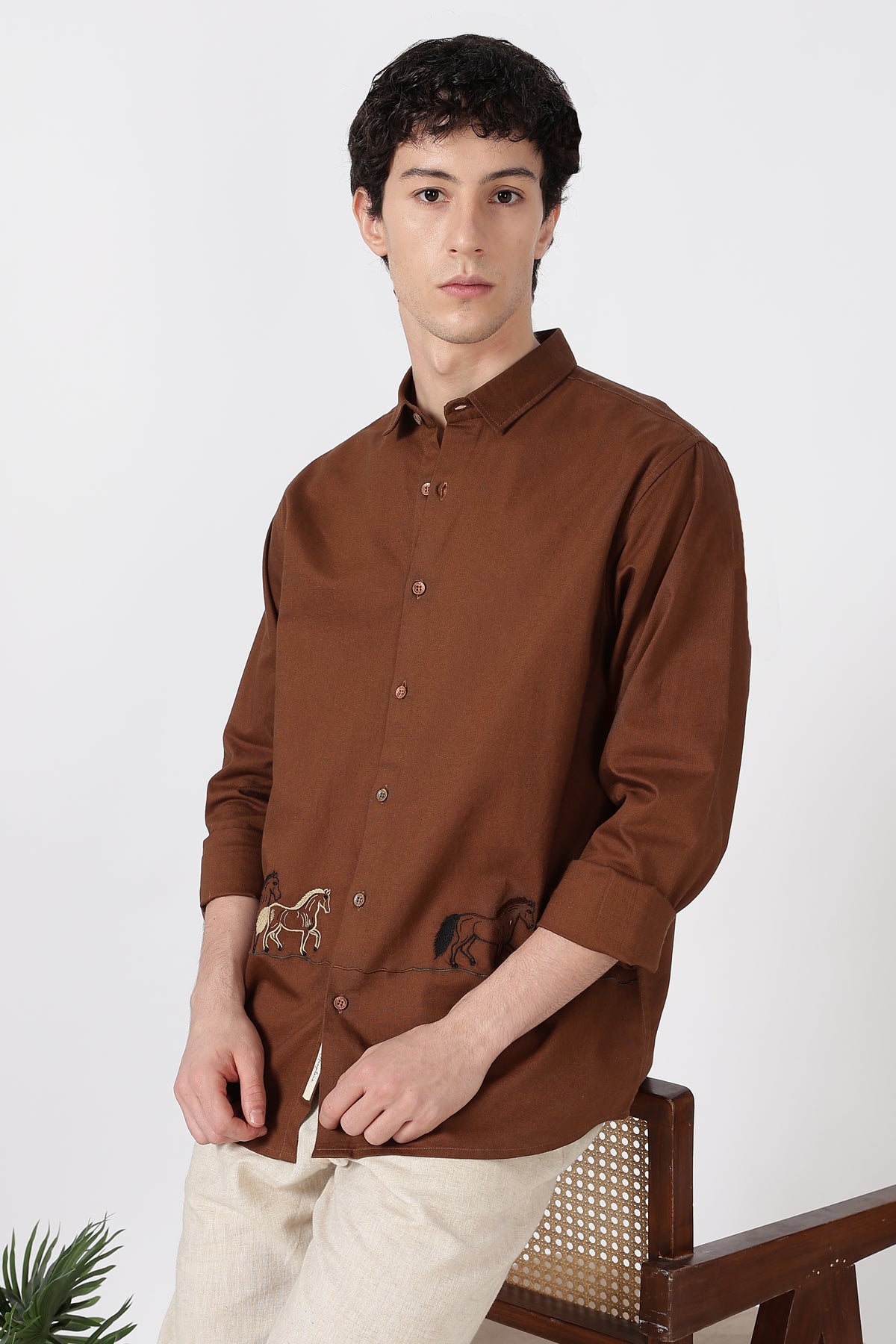 The Cavalier Cotton Regular Fit Chocolate Brown Embroidered Shirt