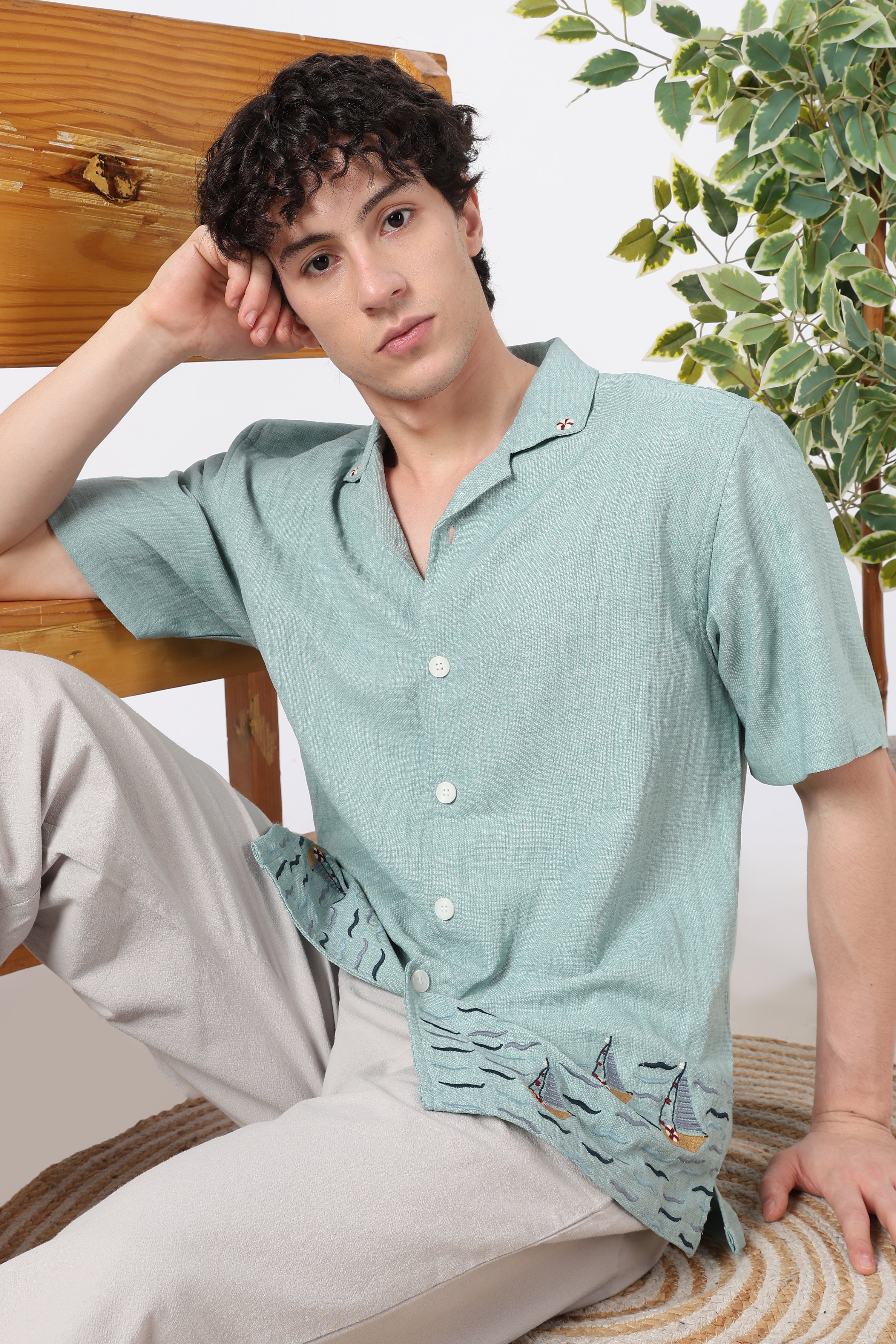 Sailboat Hem Cotton Box Fit Sky Blue Embroidered Shirt