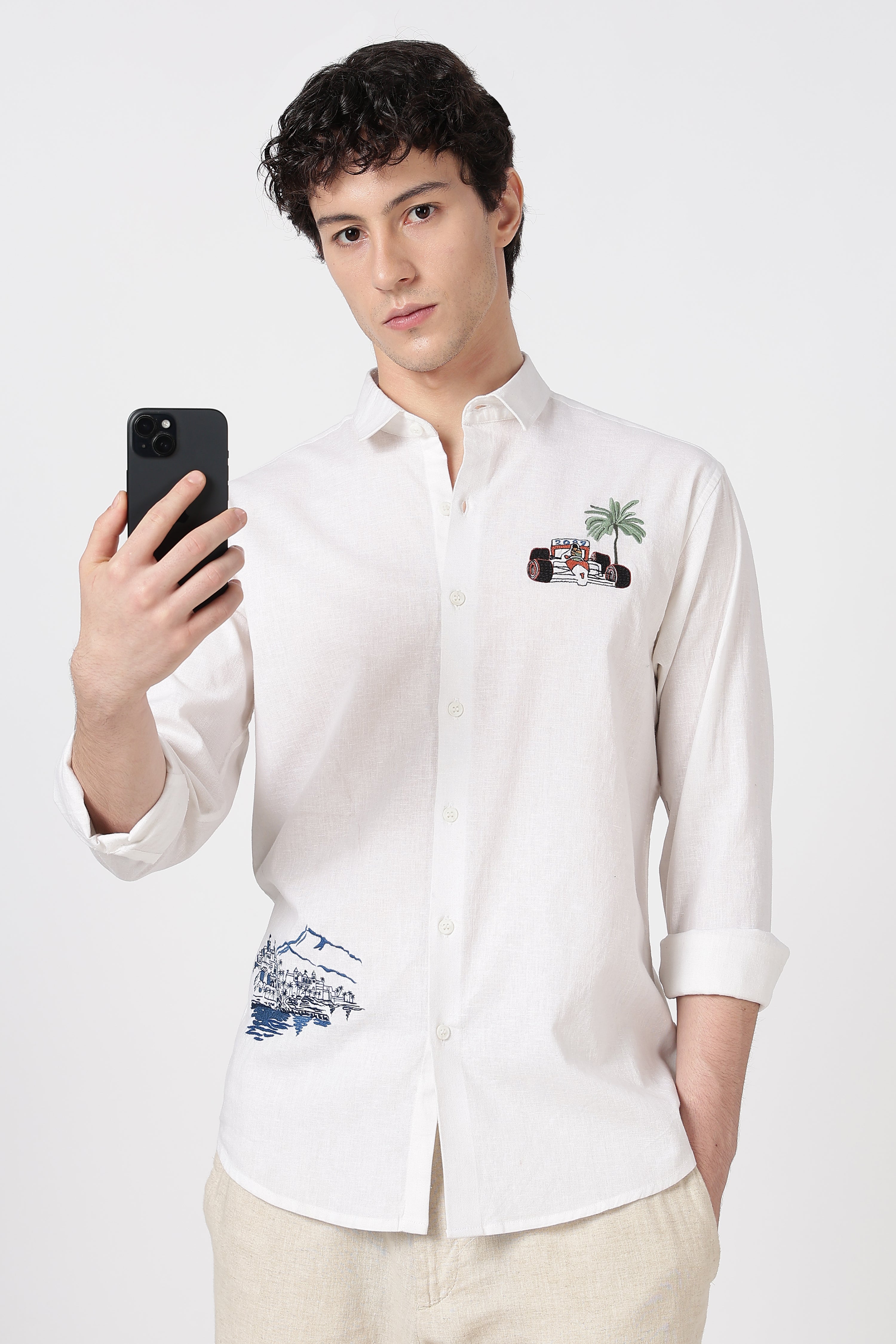 Monaco Circuit Cotton Regular Fit White Embroidered Shirt