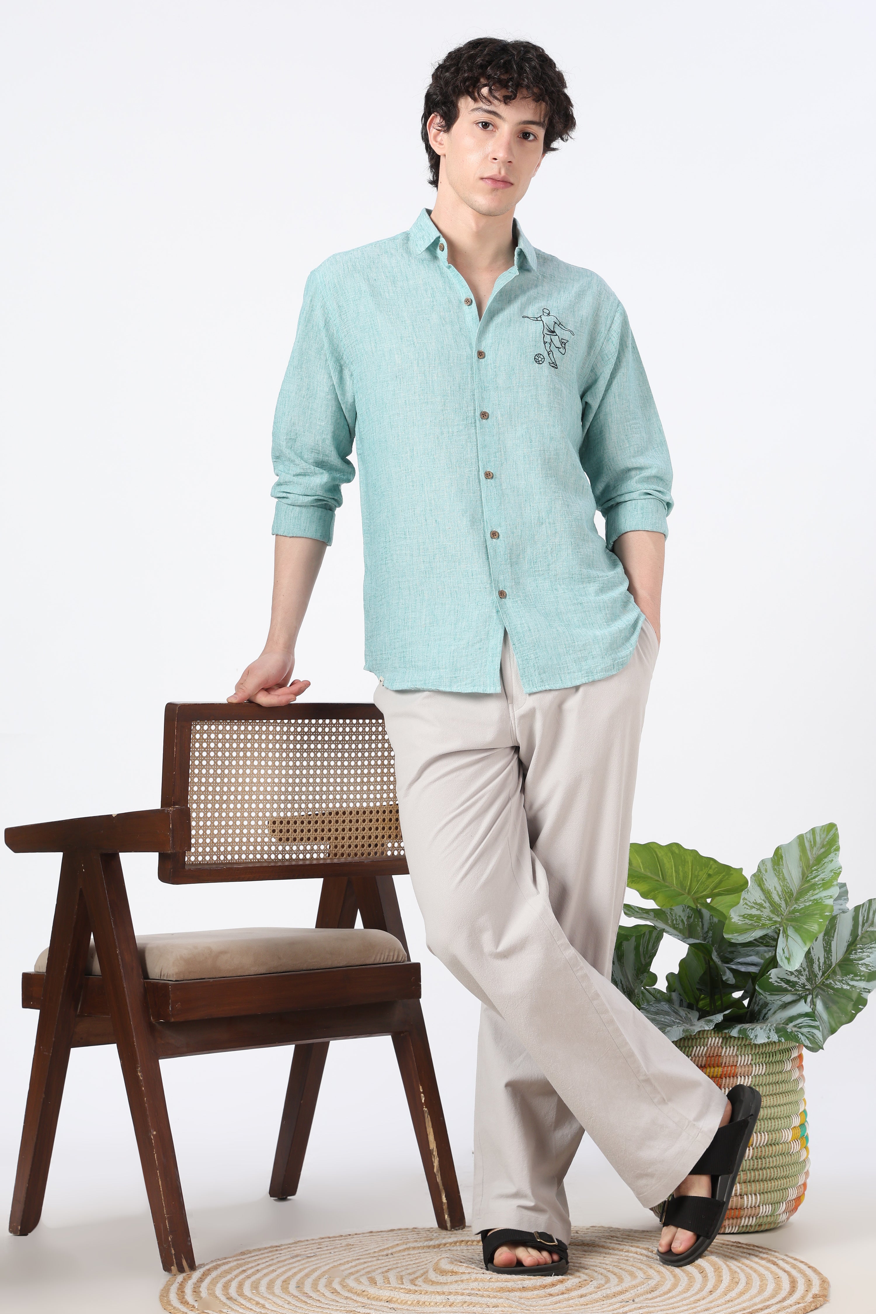 Final Whistle Cotton Regular Fit Sky Blue Embroidered Shirt