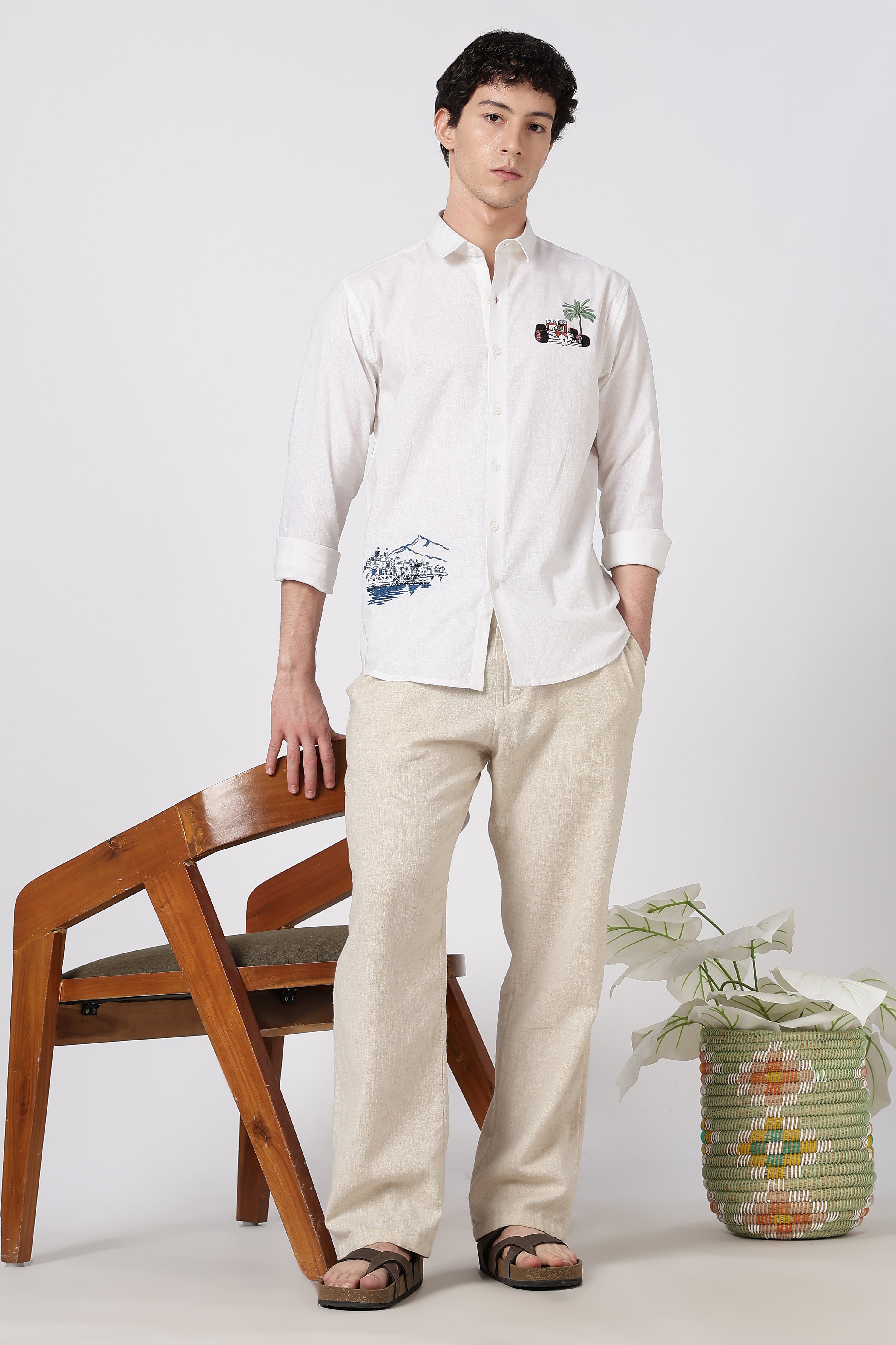Monaco Circuit Cotton Regular Fit White Embroidered Shirt
