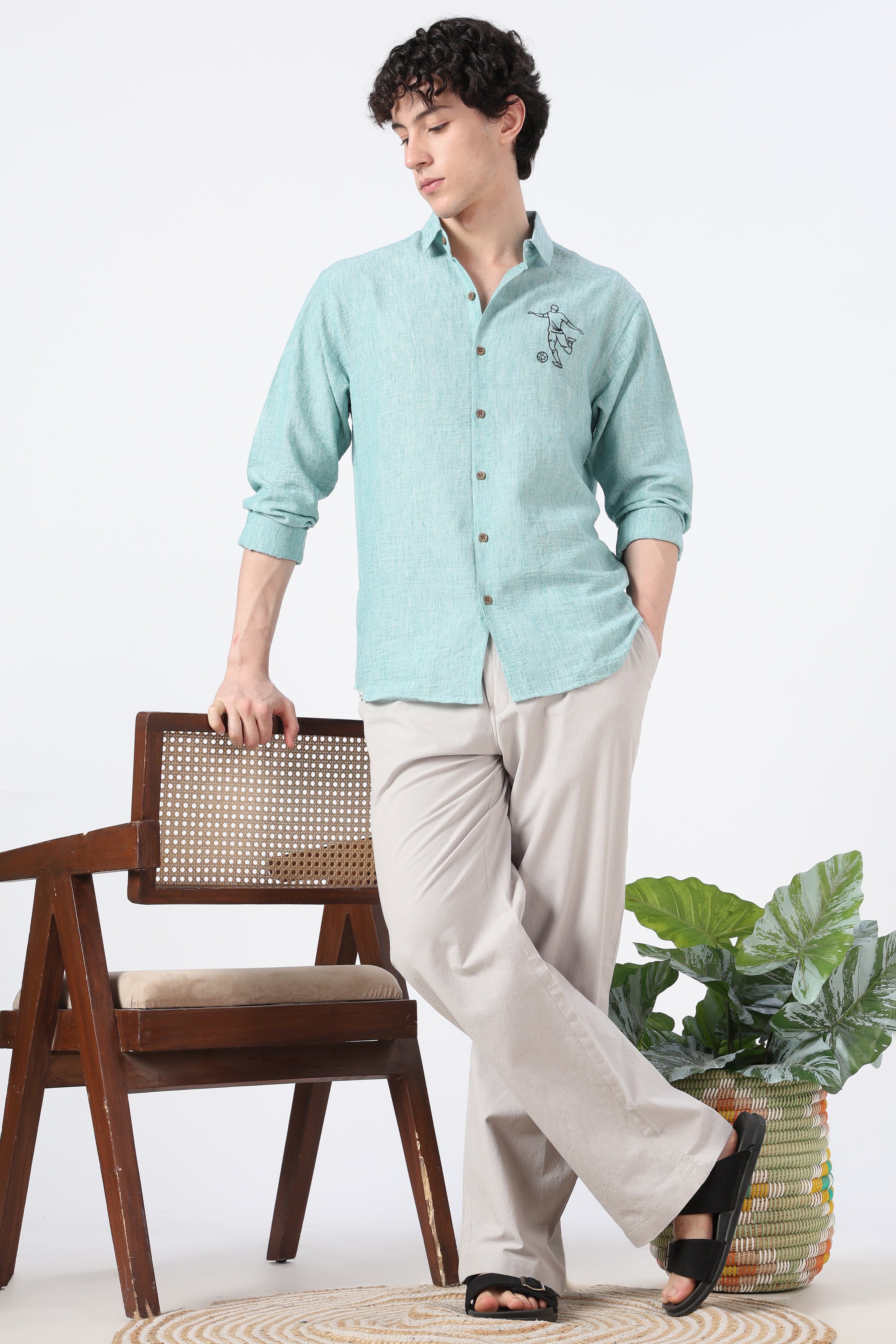 Final Whistle Cotton Regular Fit Sky Blue Embroidered Shirt