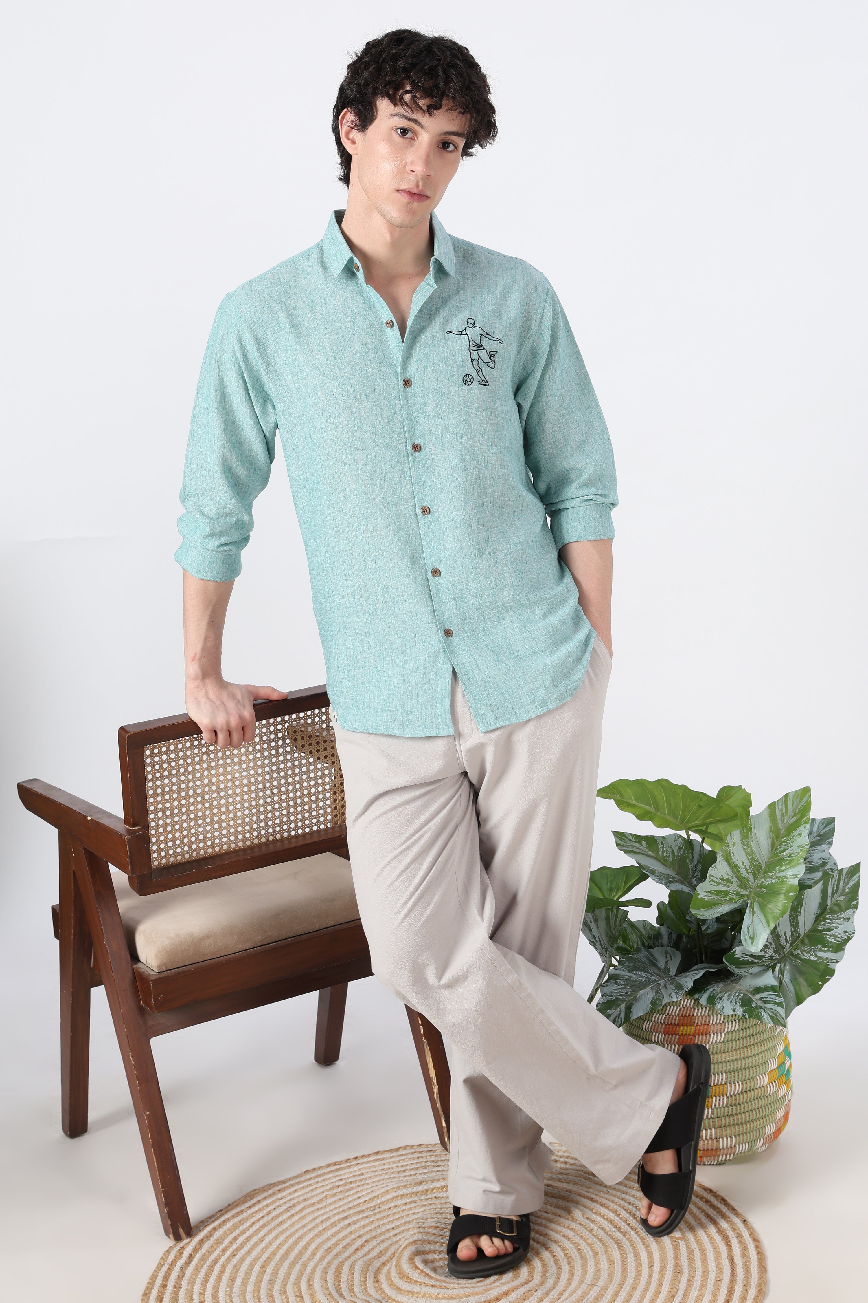 Final Whistle Cotton Regular Fit Sky Blue Embroidered Shirt