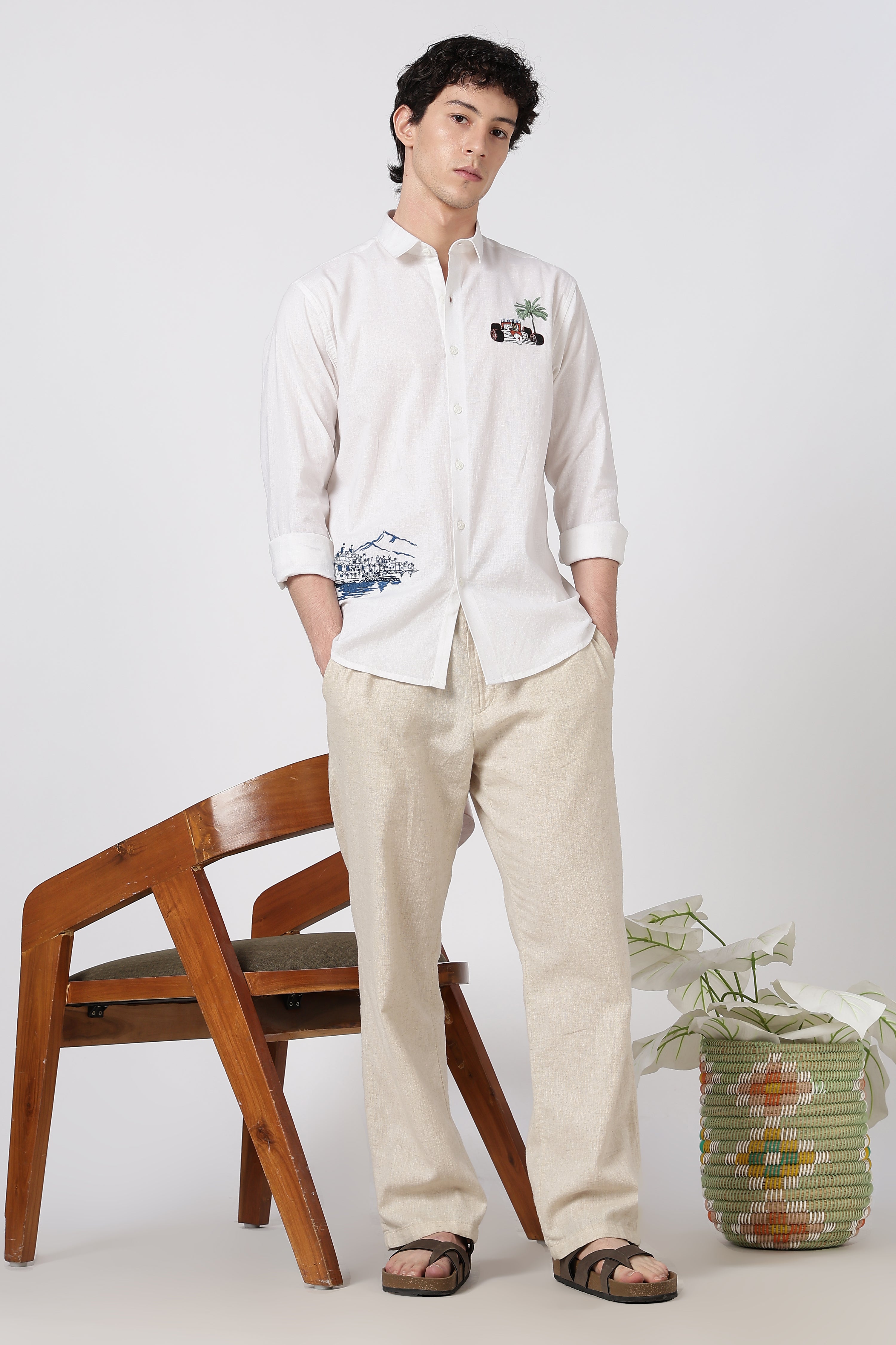Monaco Circuit Cotton Regular Fit White Embroidered Shirt