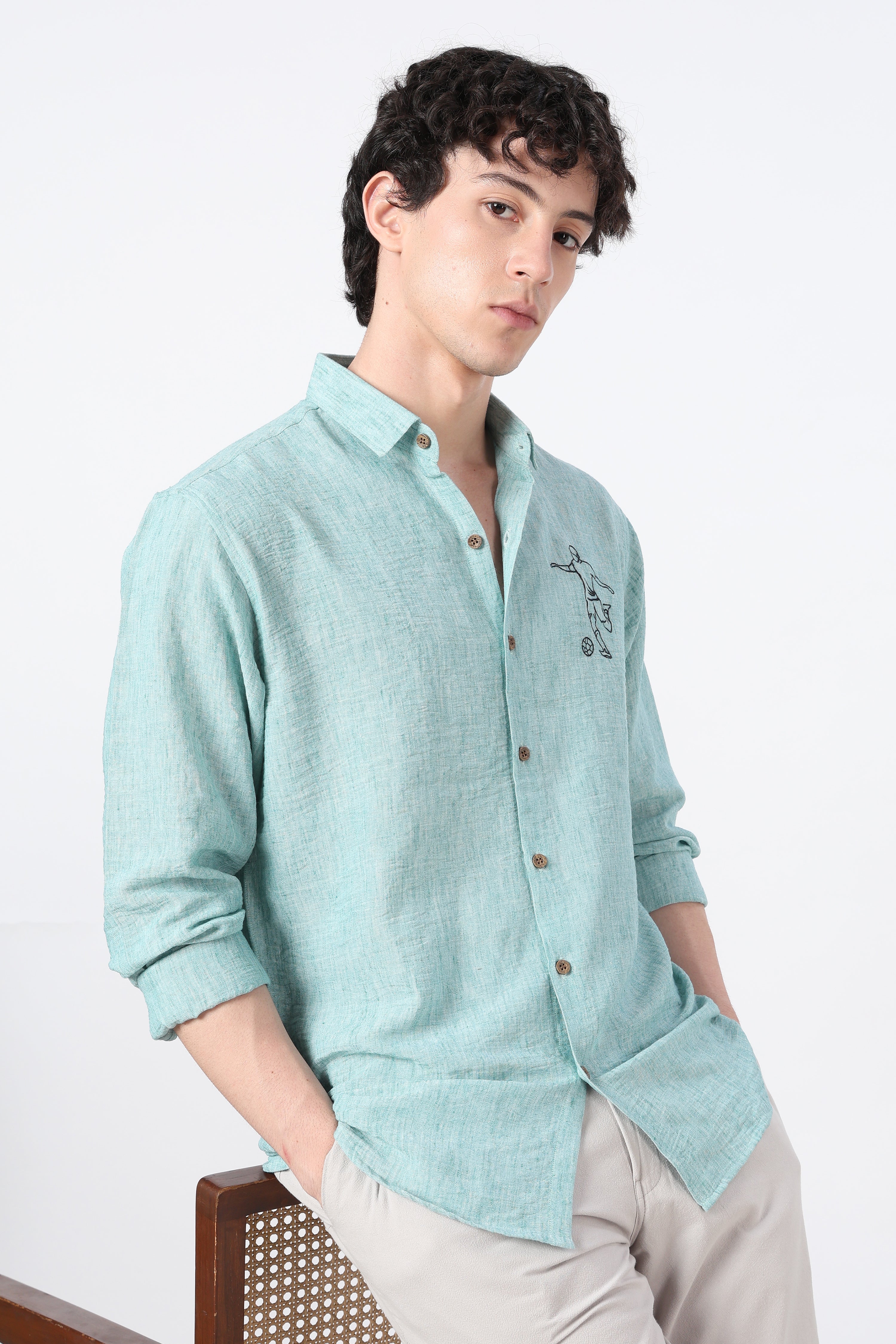 Final Whistle Cotton Regular Fit Sky Blue Embroidered Shirt