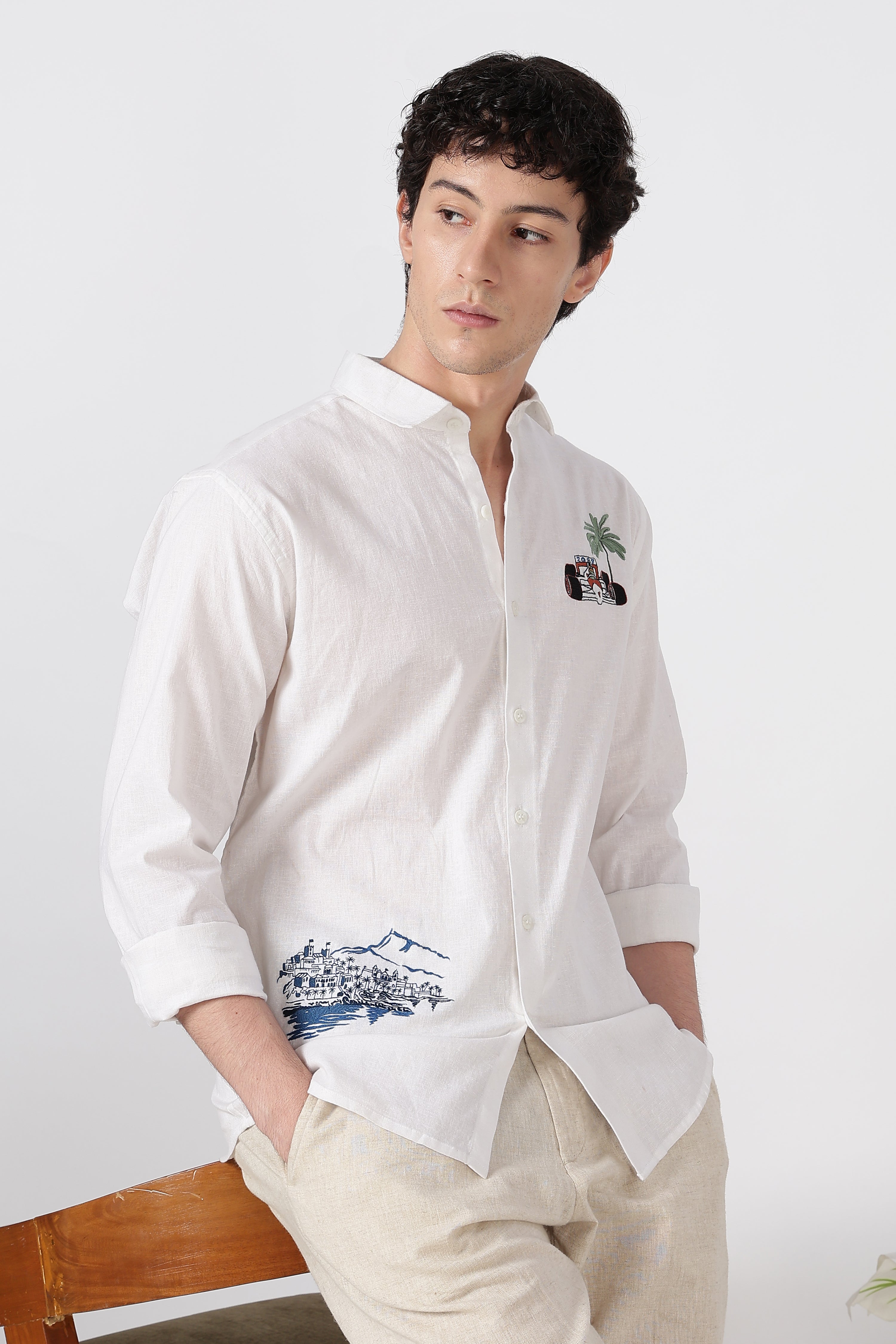 Monaco Circuit Cotton Regular Fit White Embroidered Shirt
