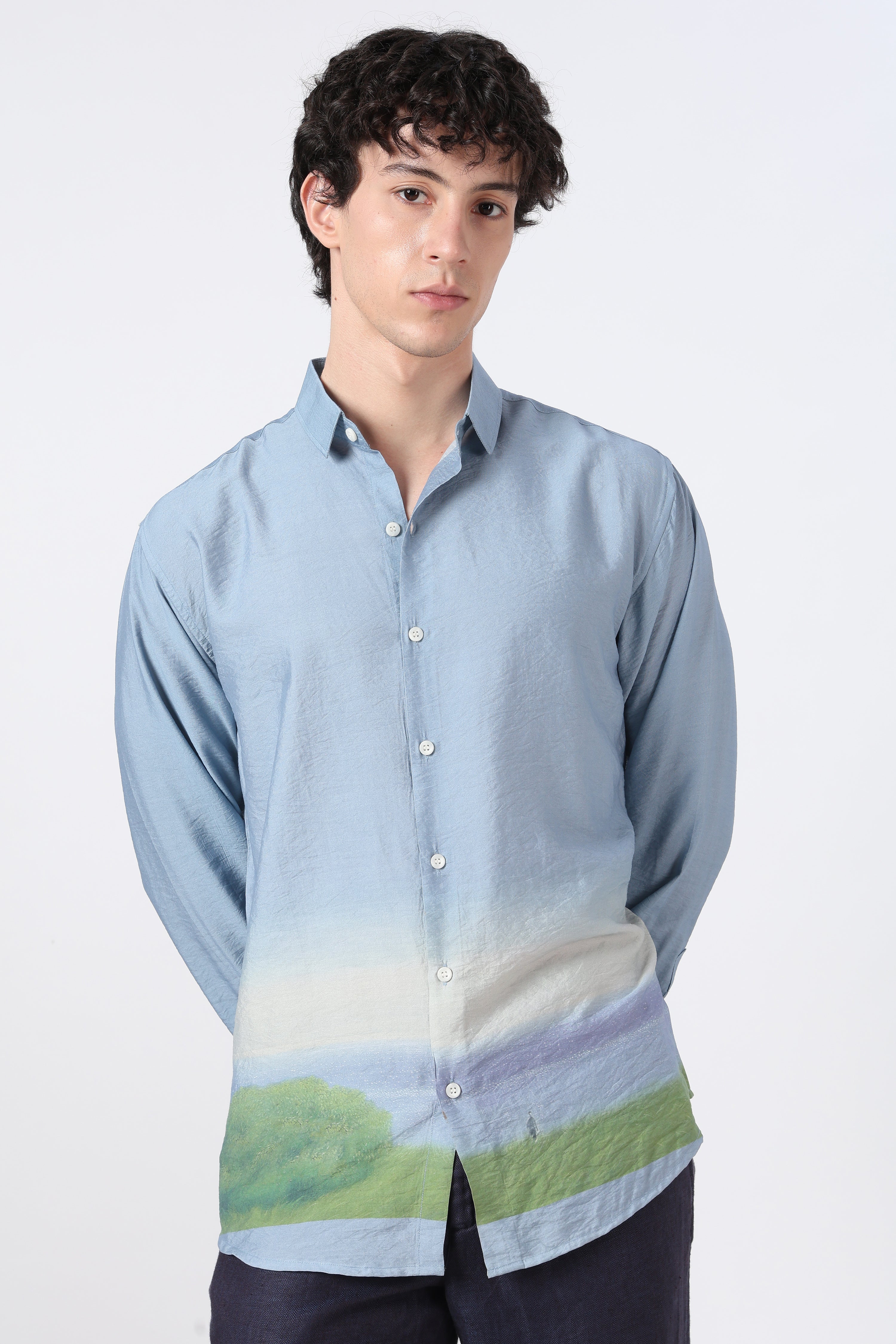 Meadow Horizon Cotton Regular Fit Blue Printed Shirt