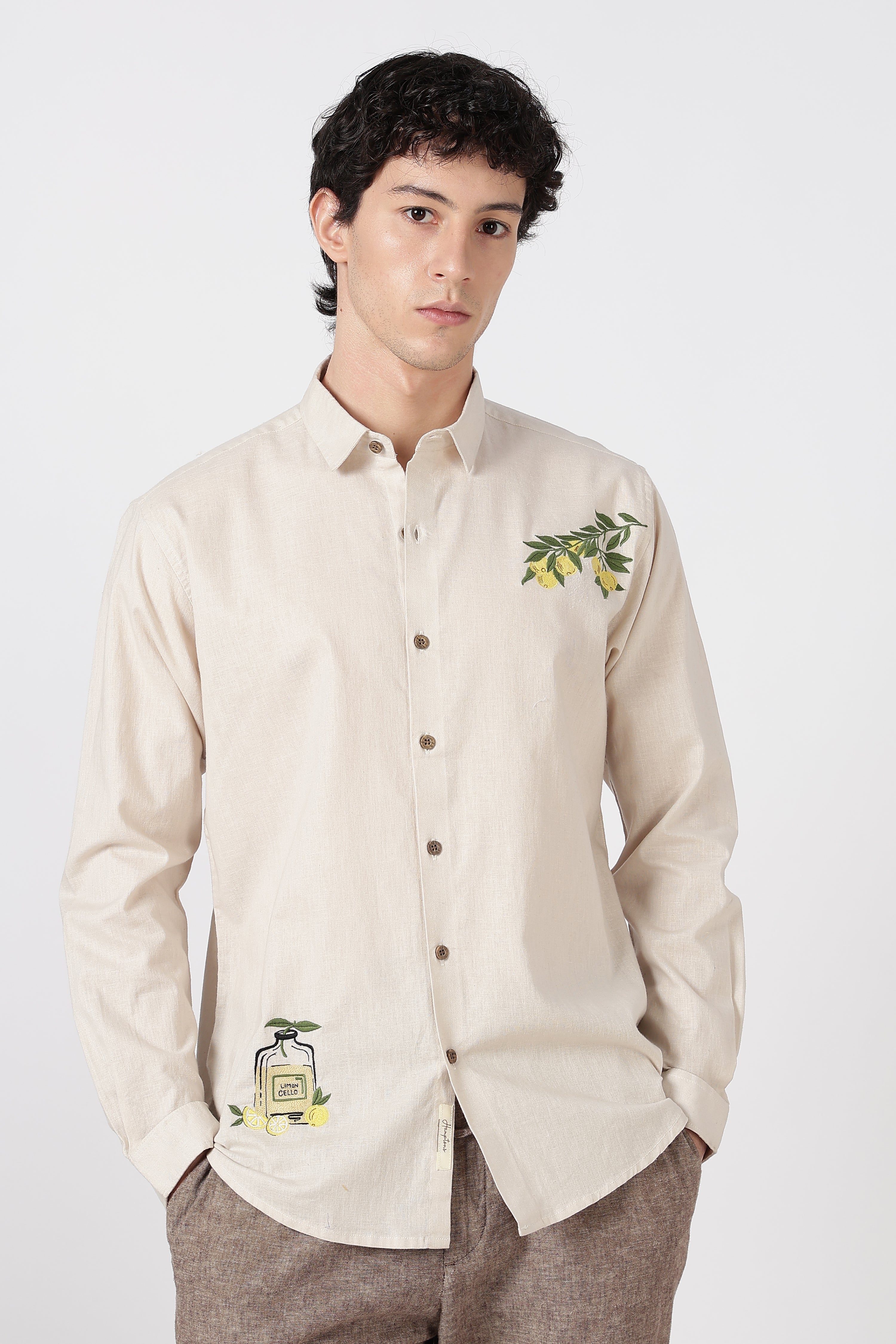 Limon Cello Cotton Regular Fit Beige Embroidered Shirt