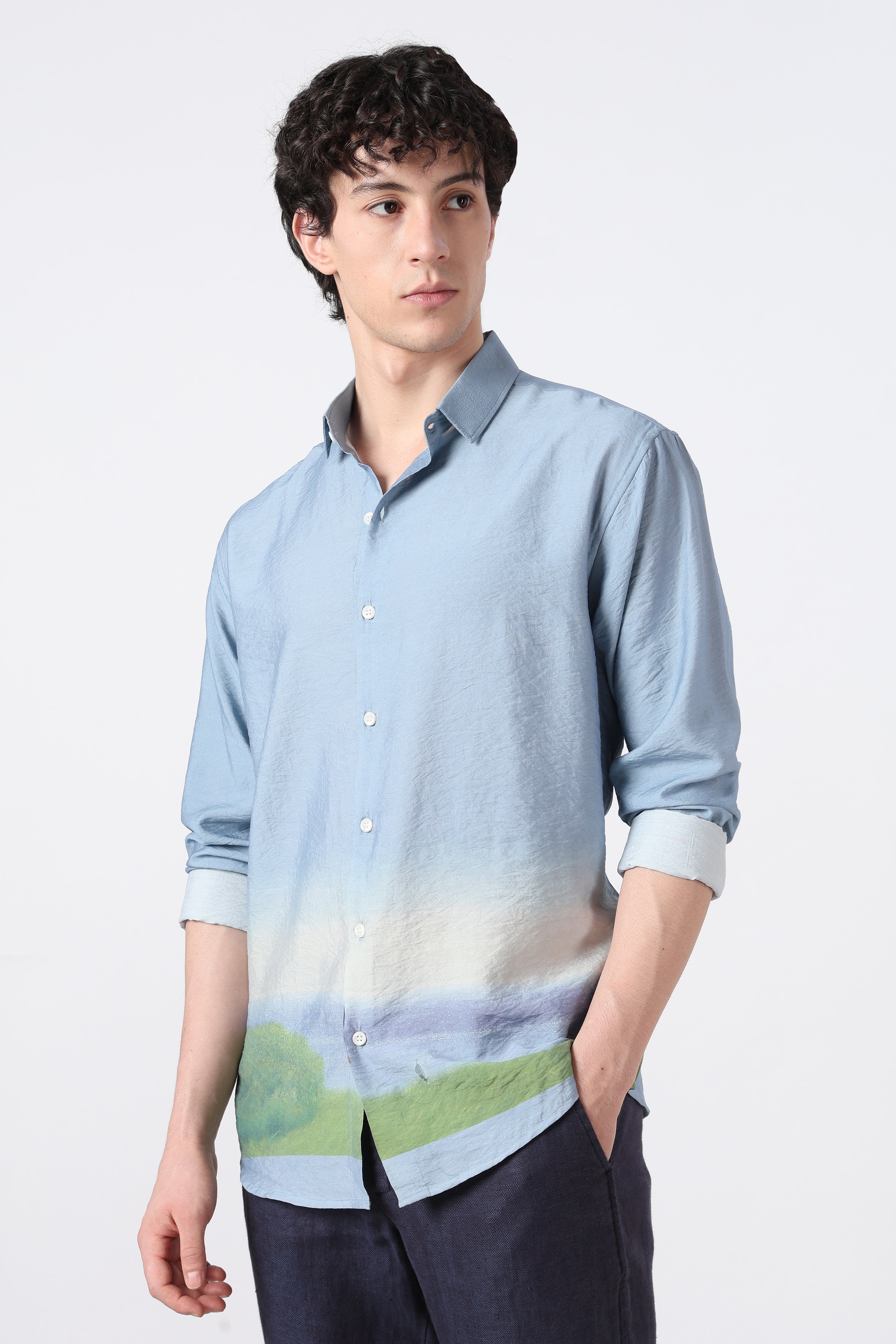 Meadow Horizon Cotton Regular Fit Blue Printed Shirt