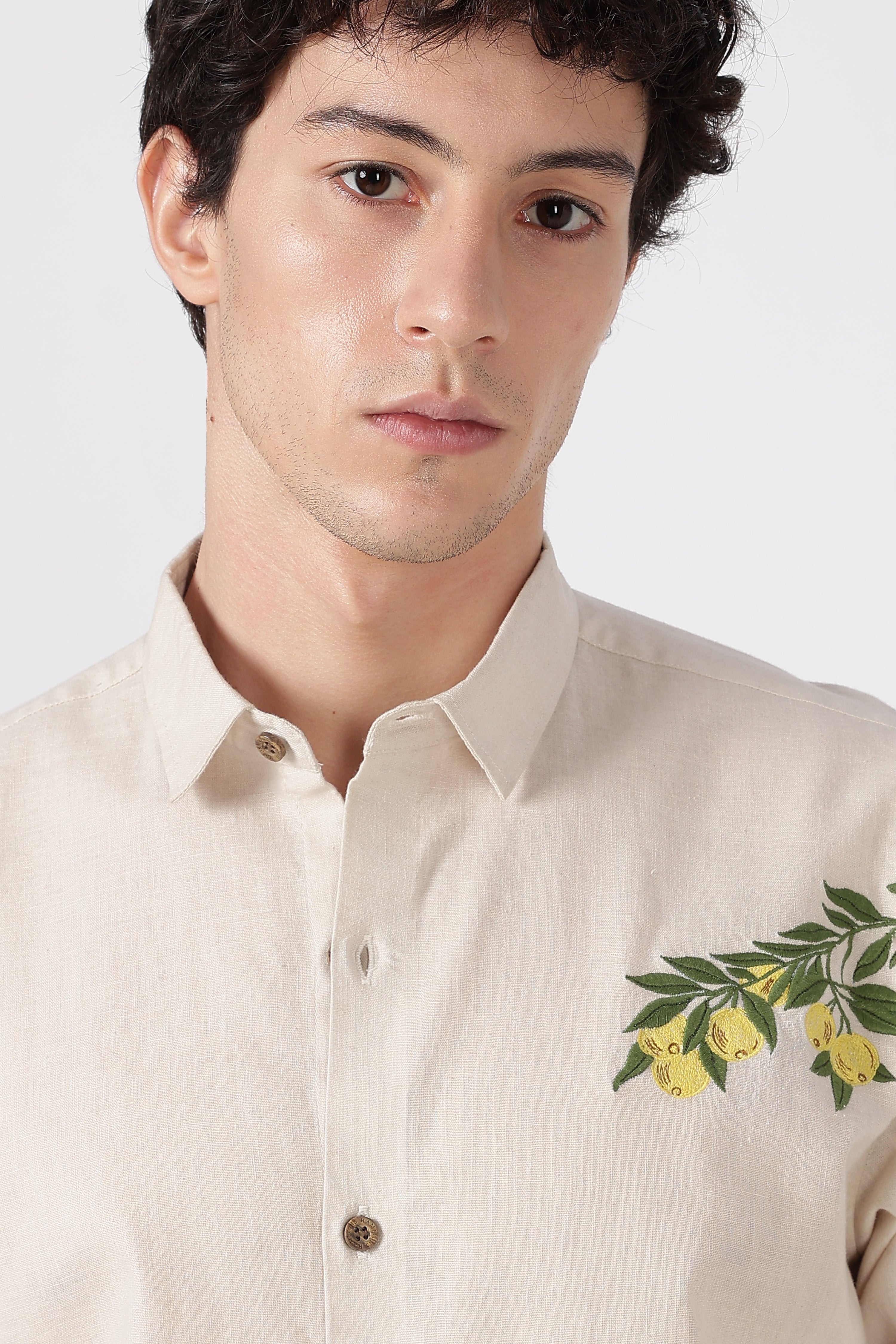 Limon Cello Cotton Regular Fit Beige Embroidered Shirt