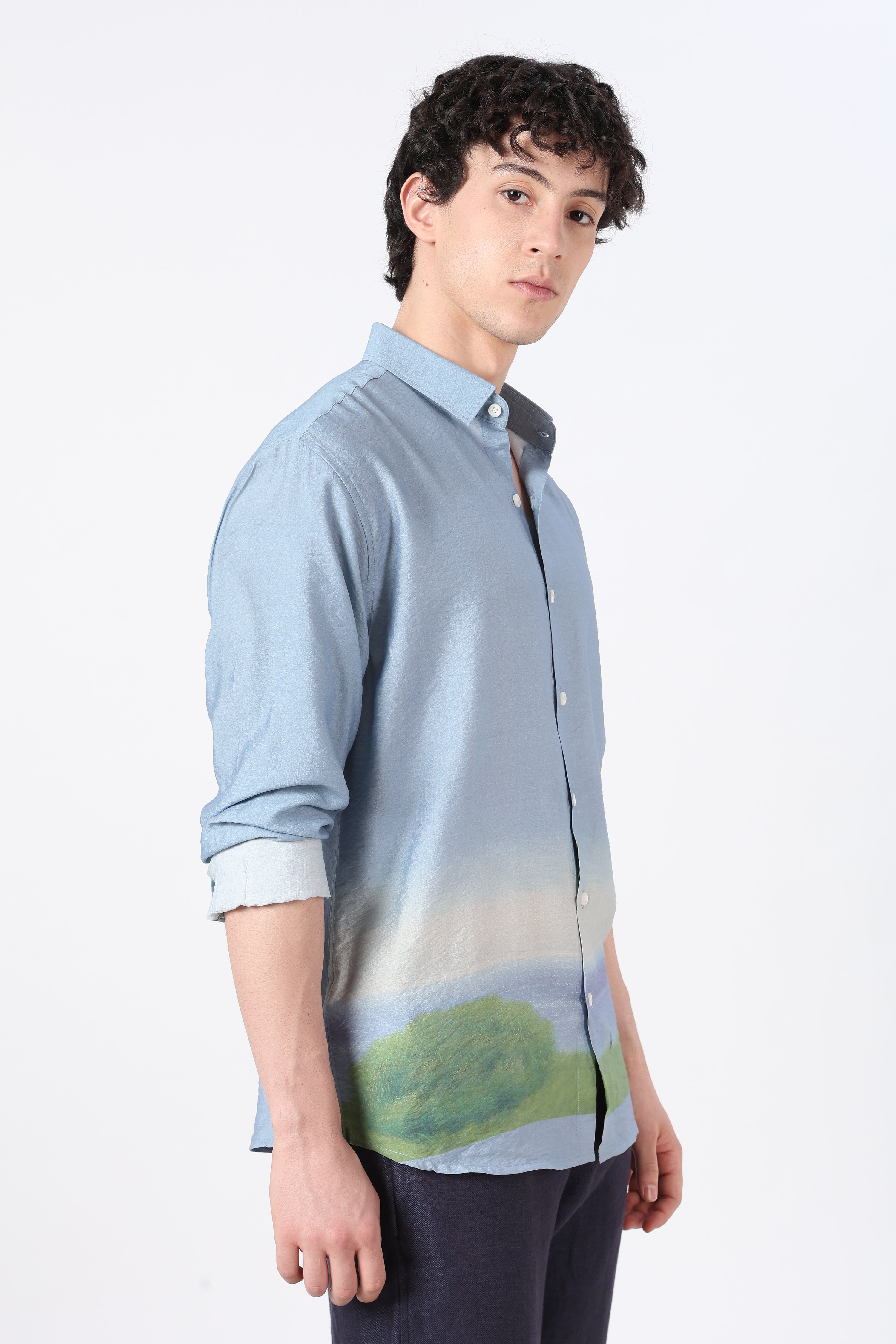 Meadow Horizon Cotton Regular Fit Blue Printed Shirt