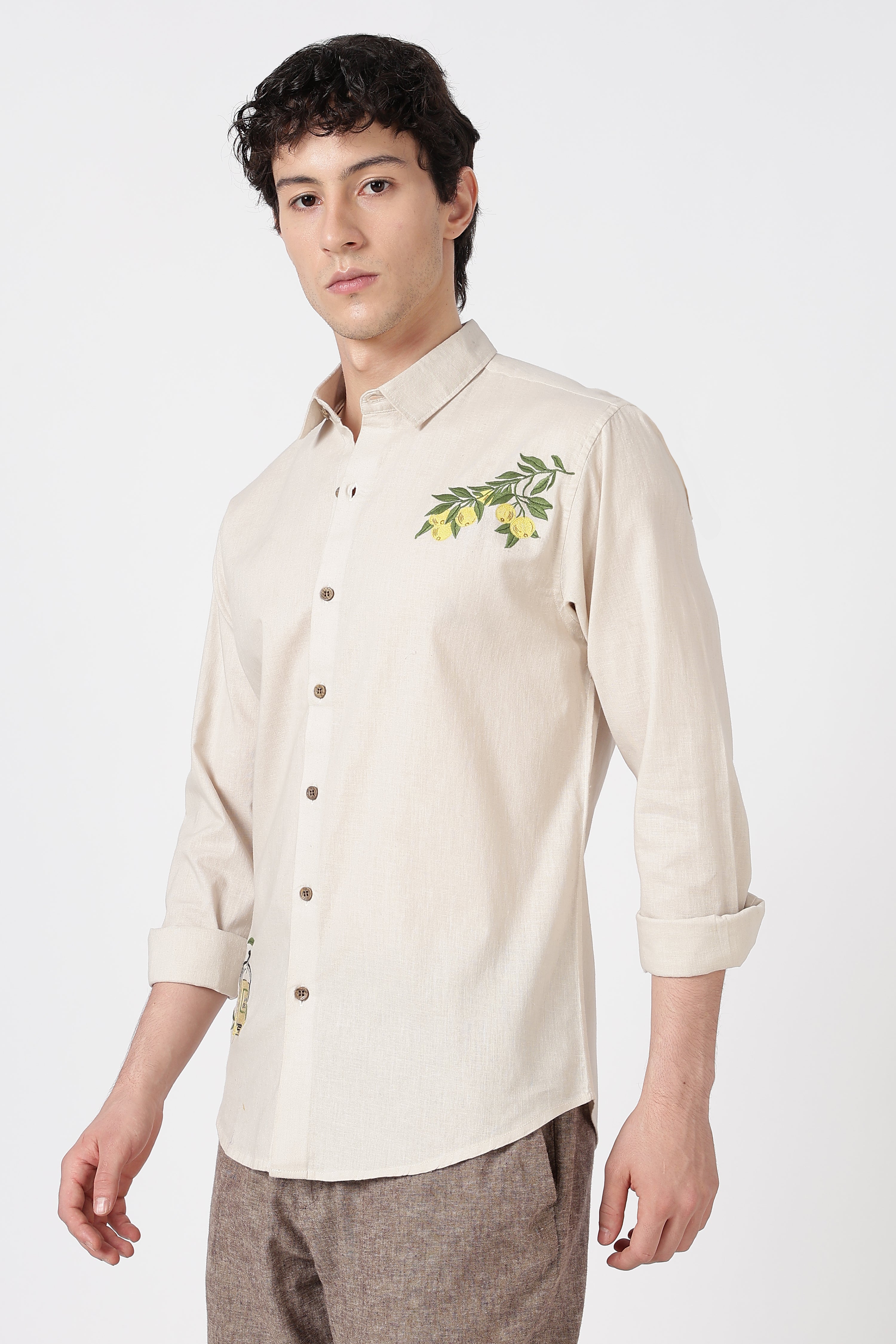 Limon Cello Cotton Regular Fit Beige Embroidered Shirt