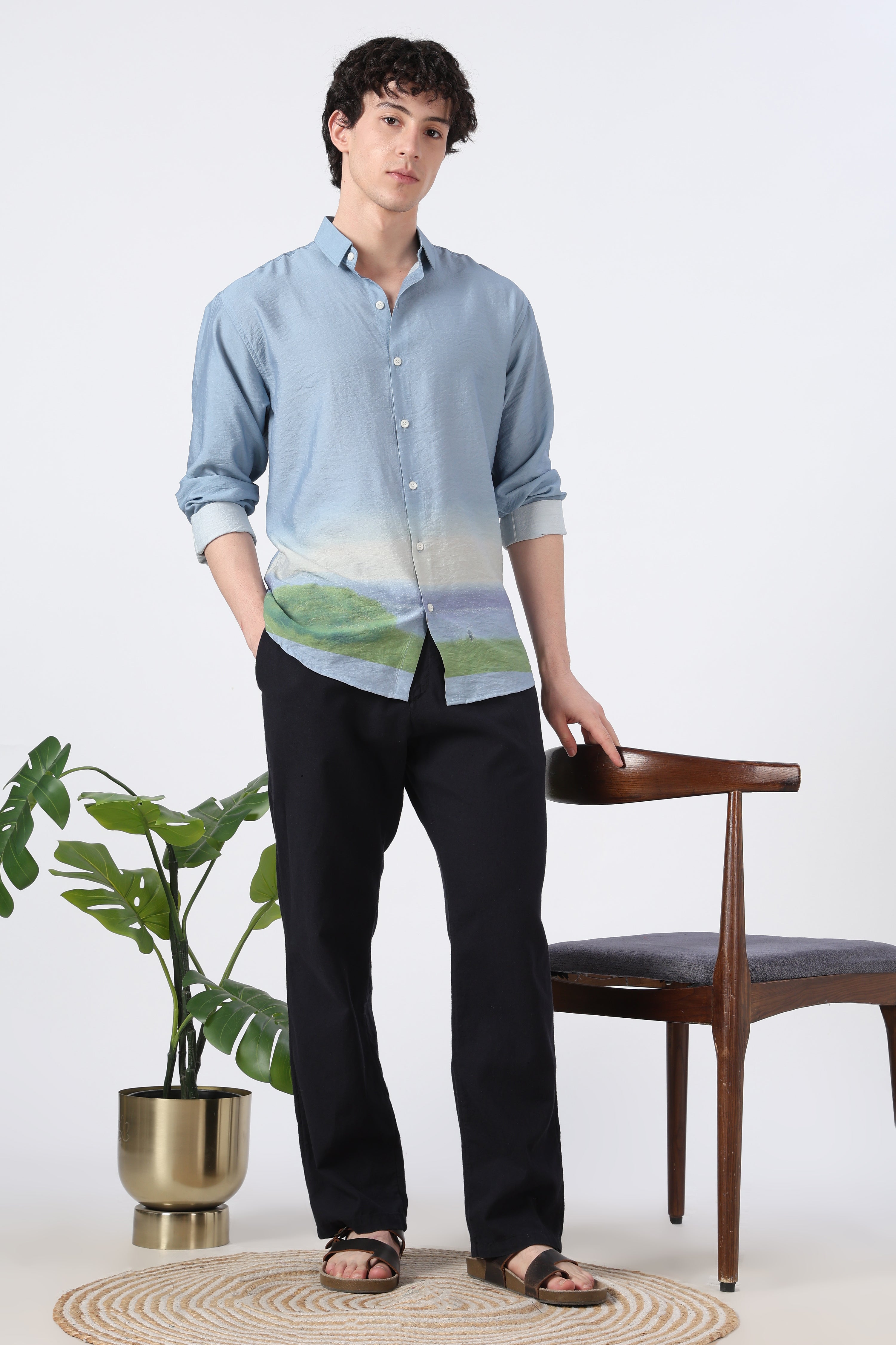 Meadow Horizon Cotton Regular Fit Blue Printed Shirt