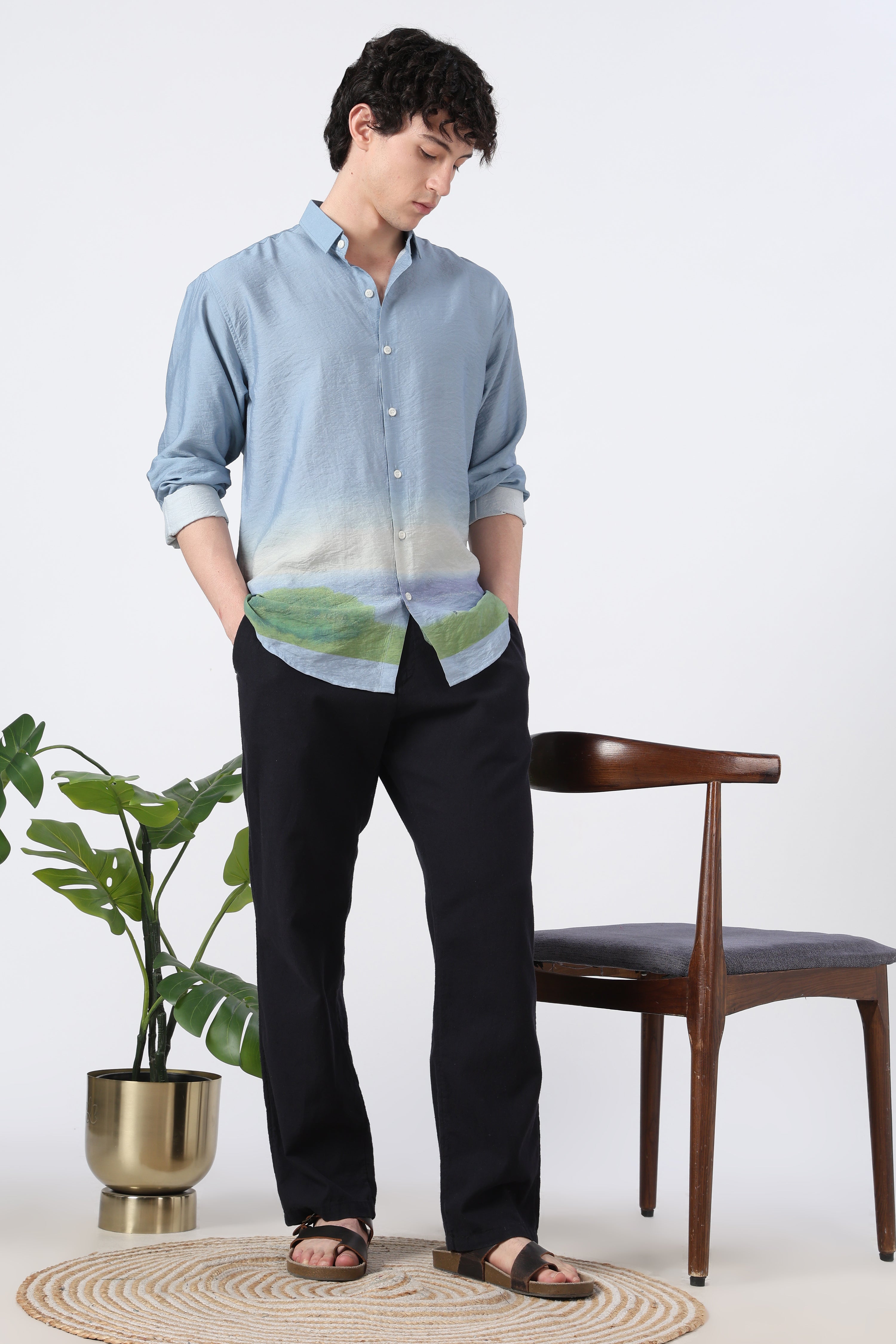 Meadow Horizon Cotton Regular Fit Blue Printed Shirt