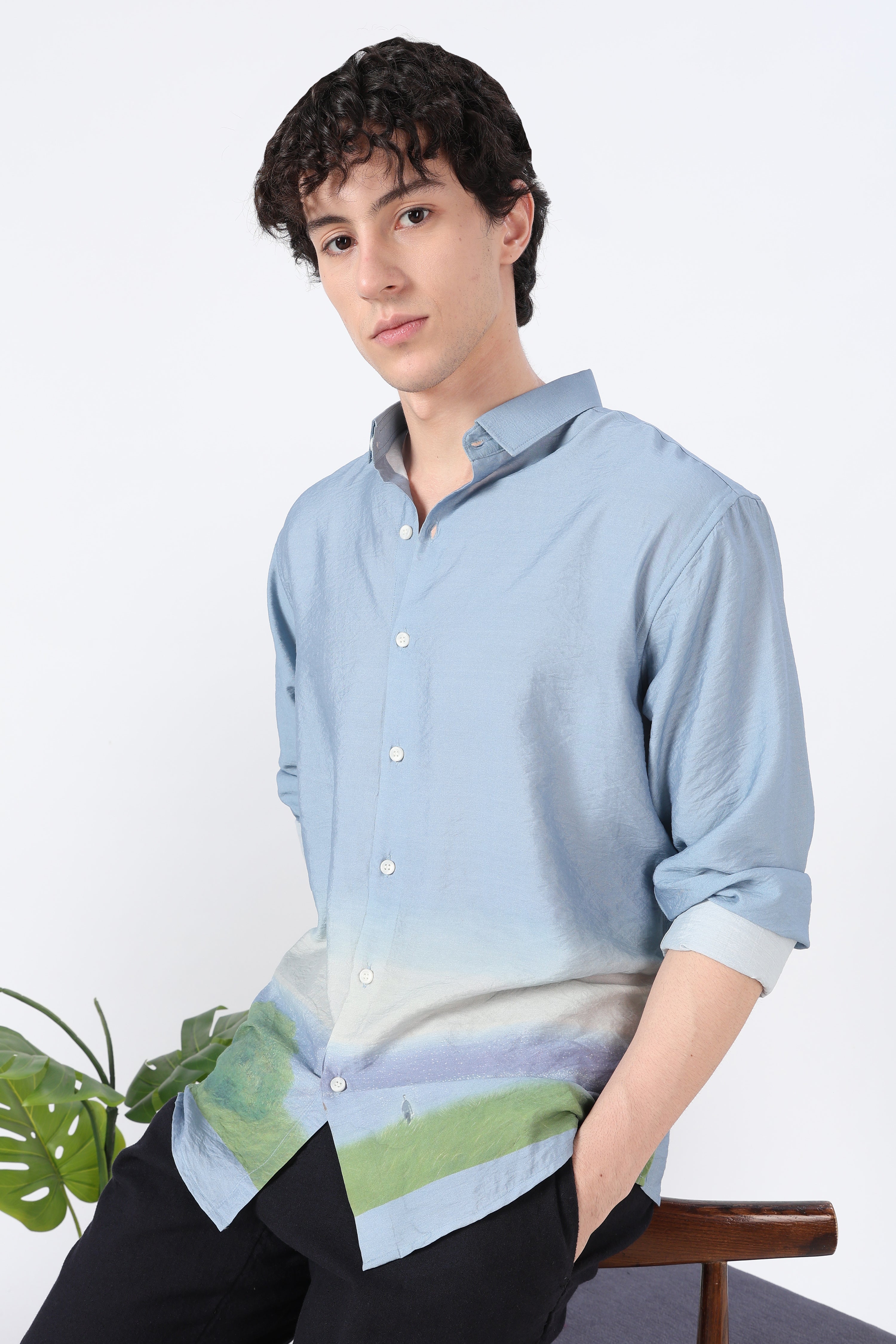 Meadow Horizon Cotton Regular Fit Blue Printed Shirt