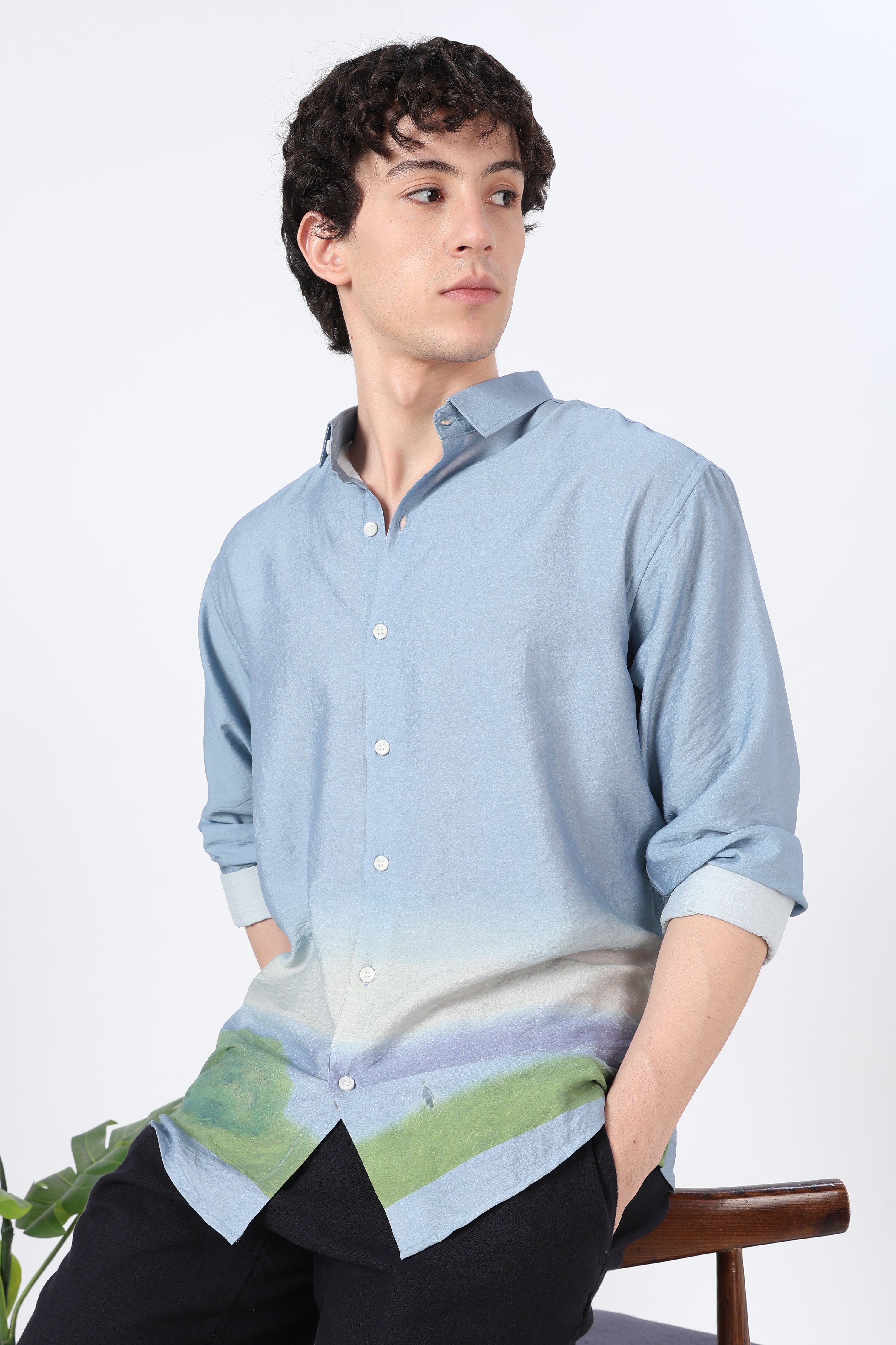 Meadow Horizon Cotton Regular Fit Blue Printed Shirt