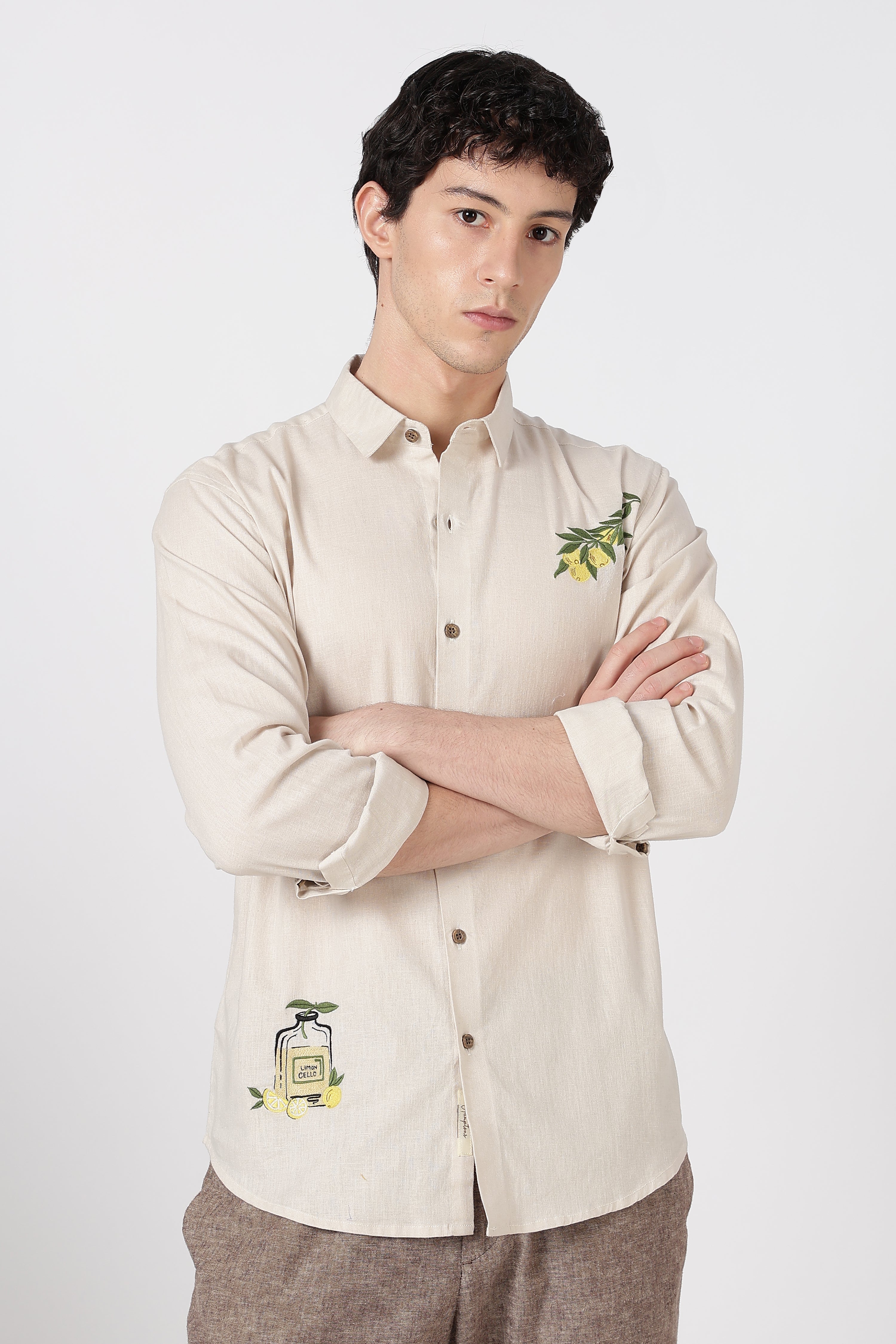 Limon Cello Cotton Regular Fit Beige Embroidered Shirt