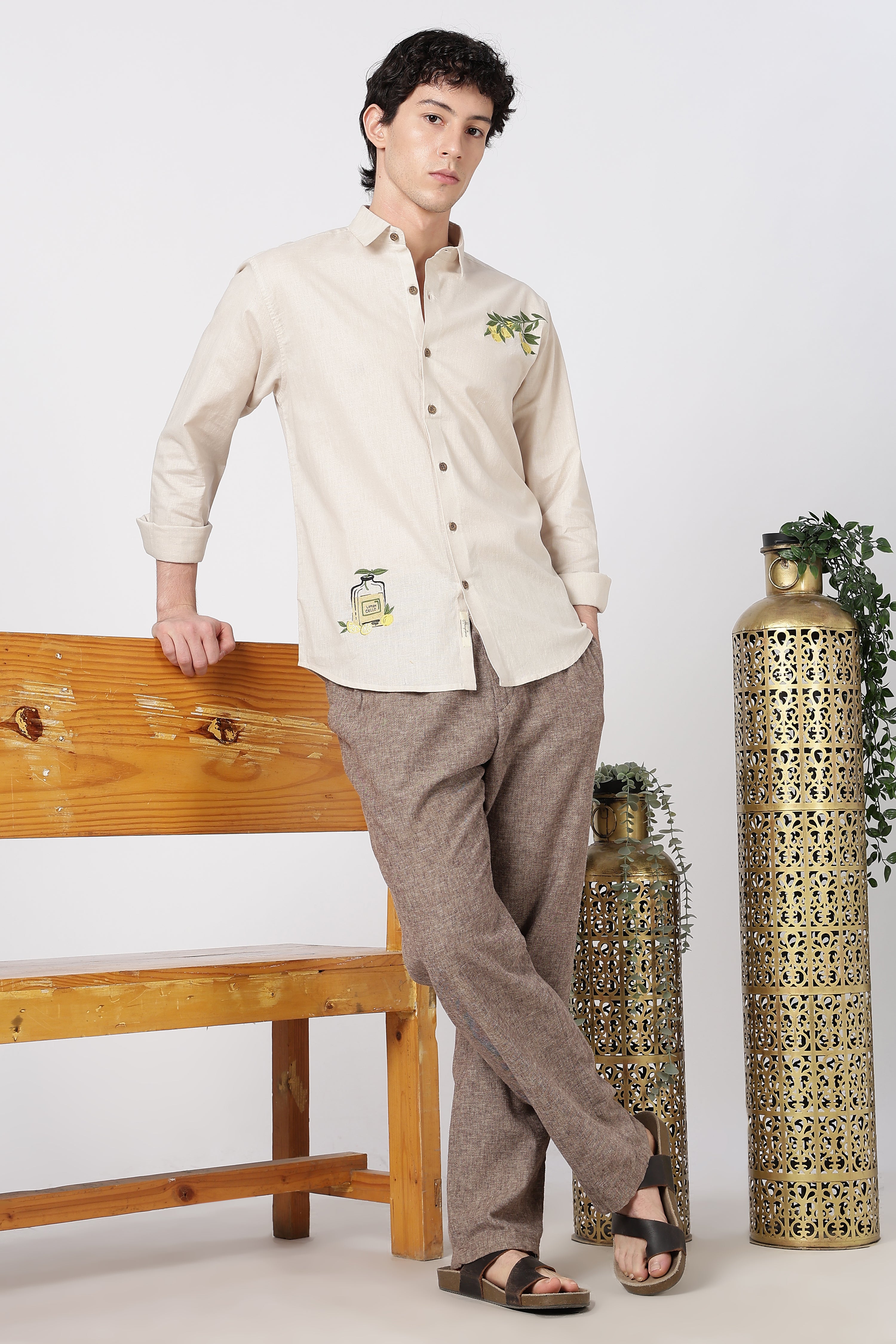 Limon Cello Cotton Regular Fit Beige Embroidered Shirt