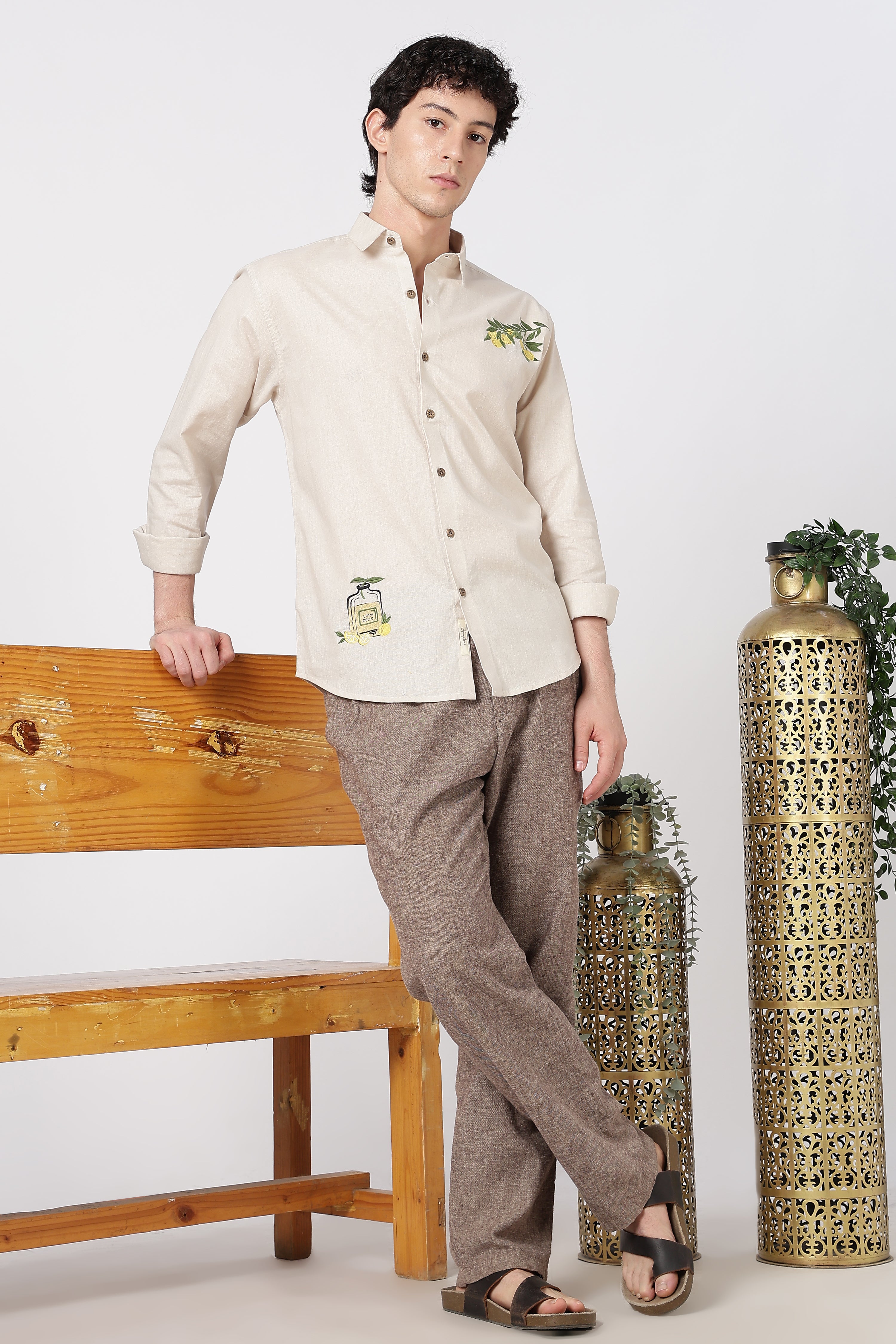 Limon Cello Cotton Regular Fit Beige Embroidered Shirt