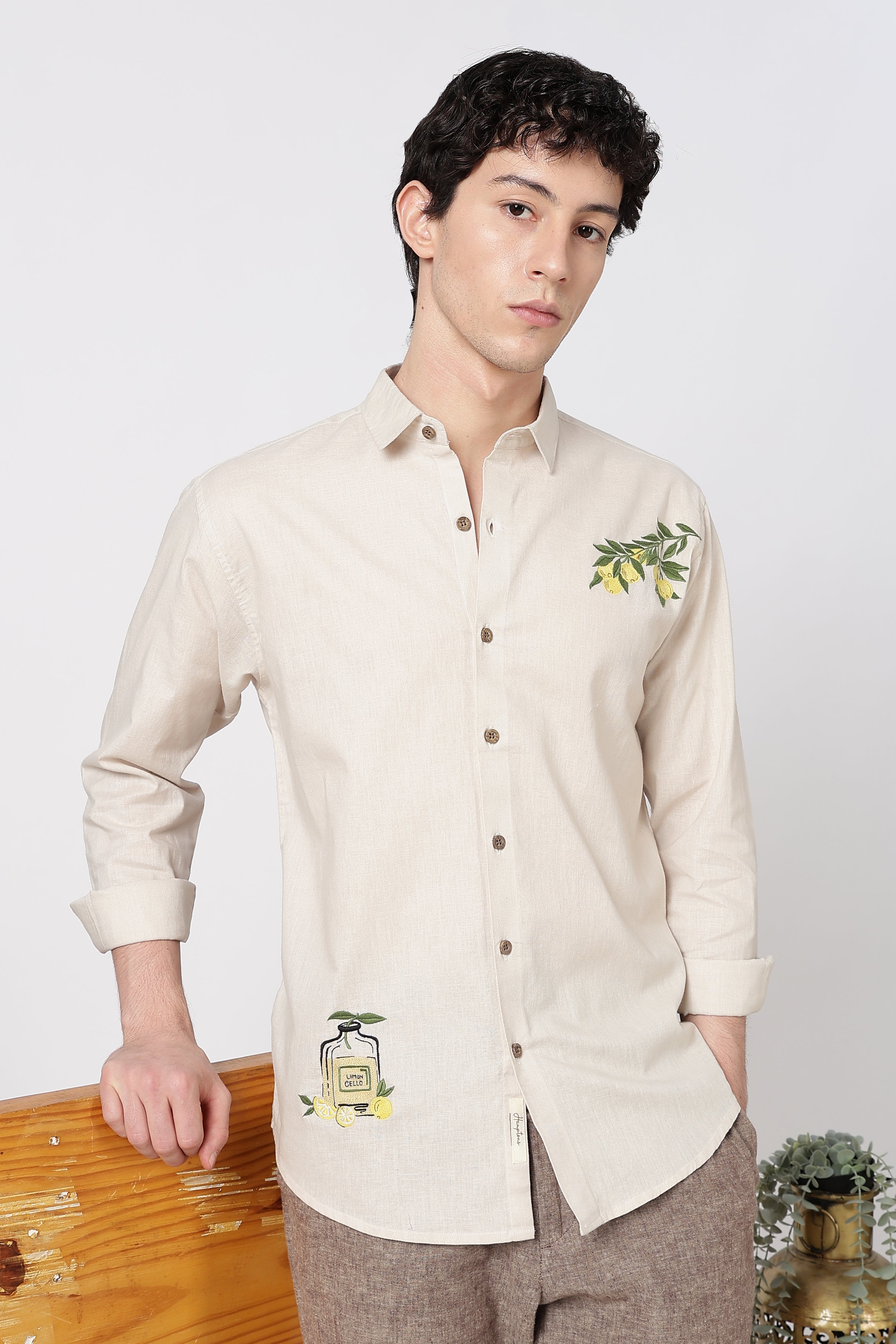 Limon Cello Cotton Regular Fit Beige Embroidered Shirt