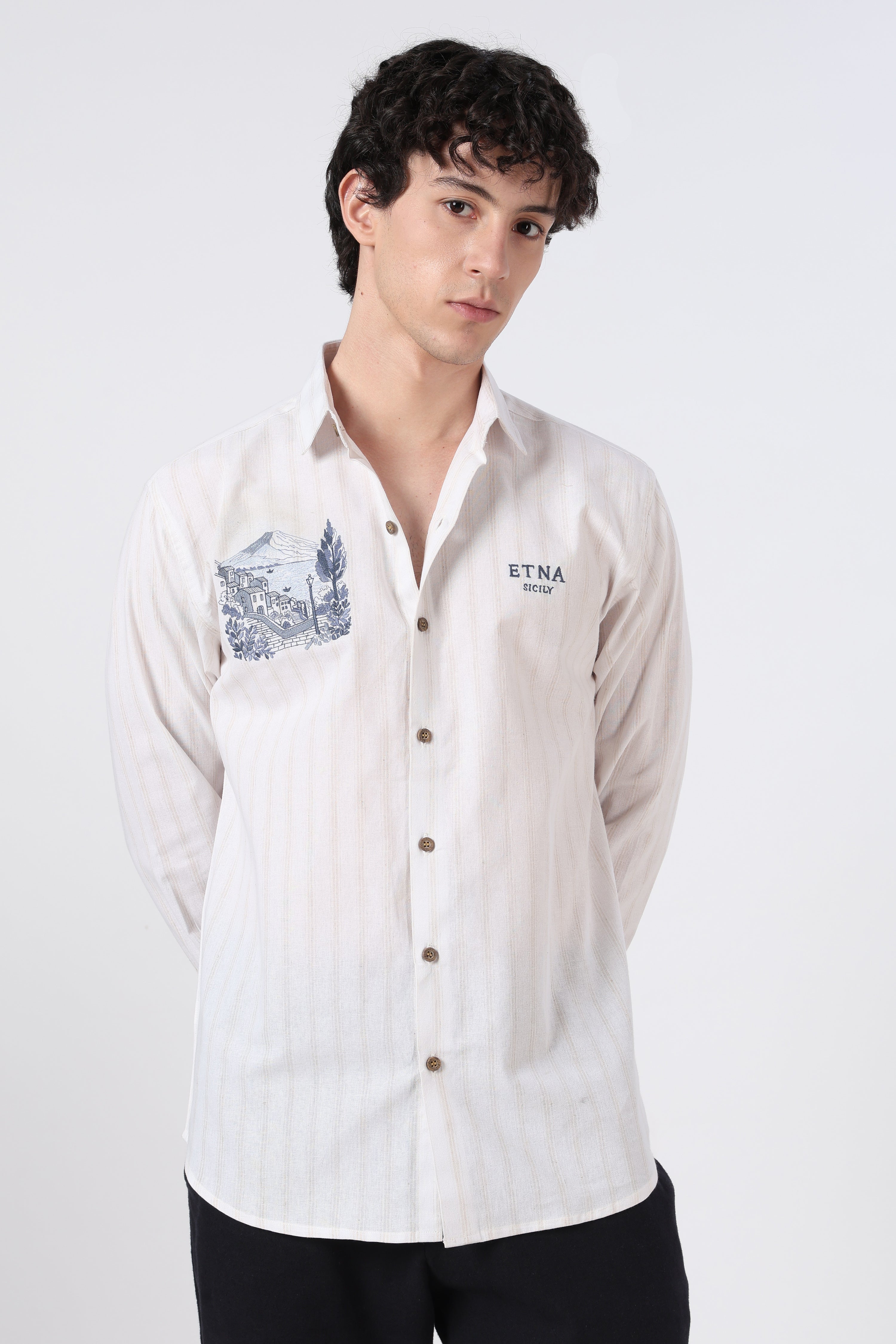 Sicilian Vista Cotton Regular Fit White Striped Embroidered Shirt