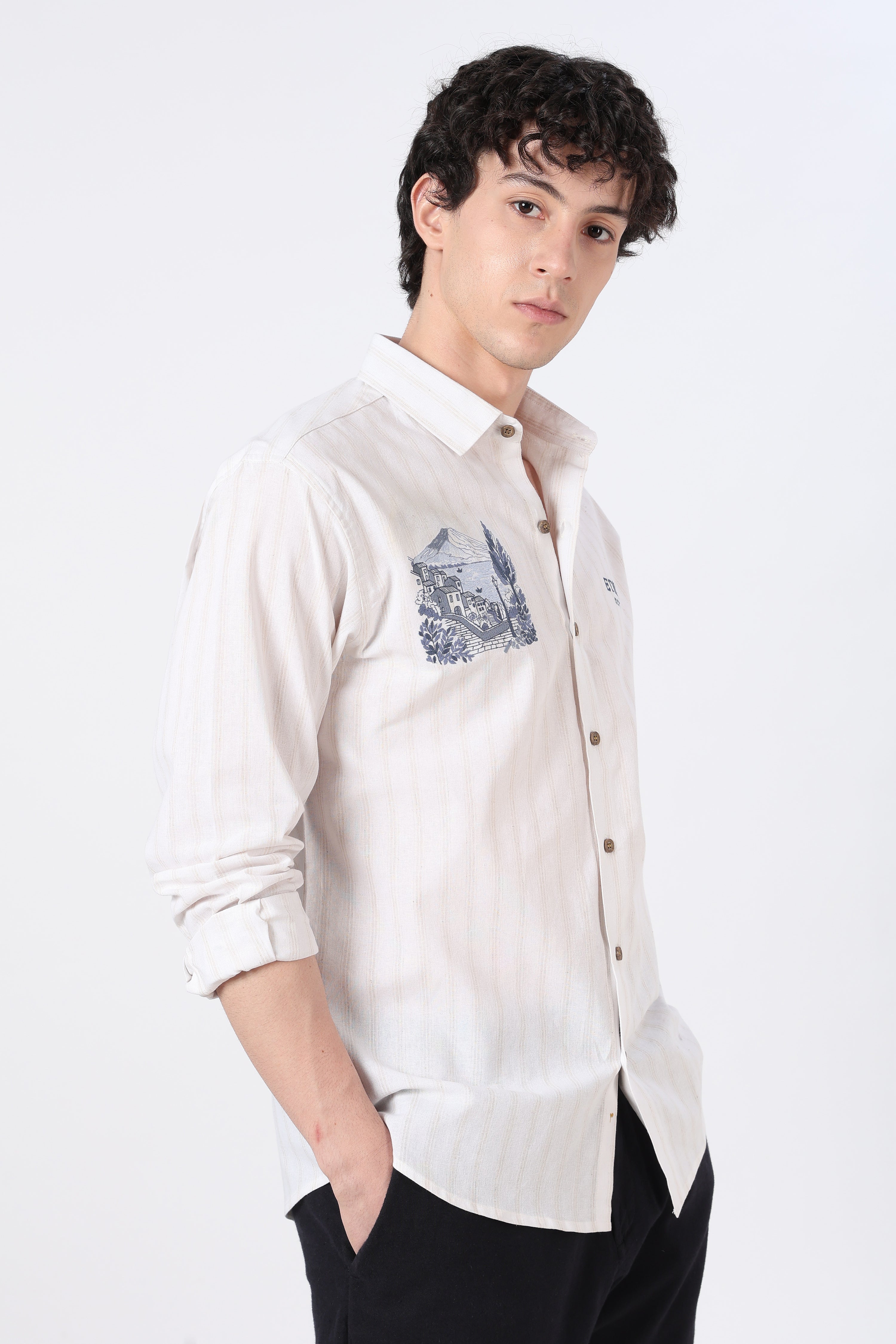 Sicilian Vista Cotton Regular Fit White Striped Embroidered Shirt