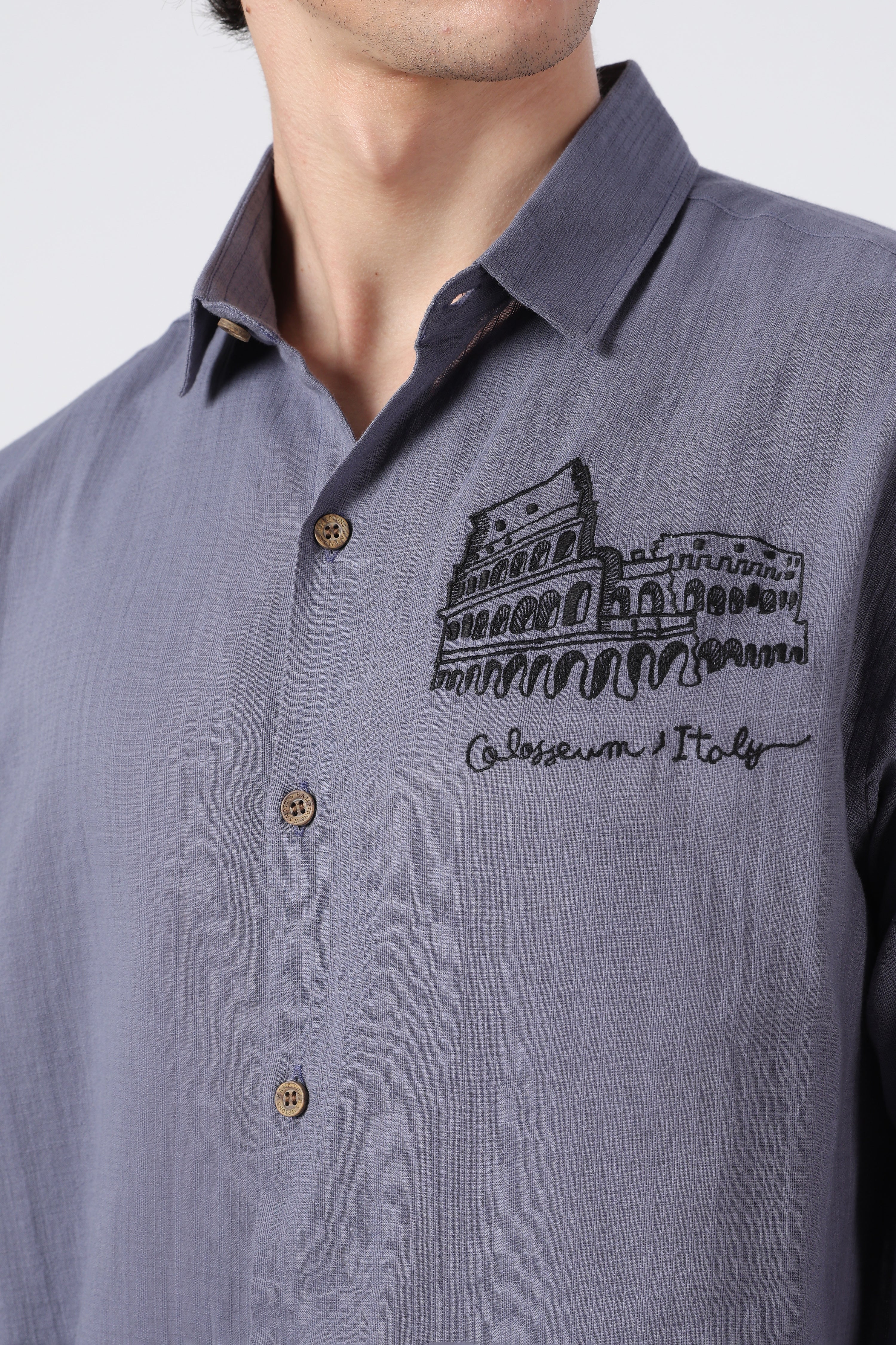 Roman Echo Cotton Regular Fit Violet Blue Embroidered Shirt