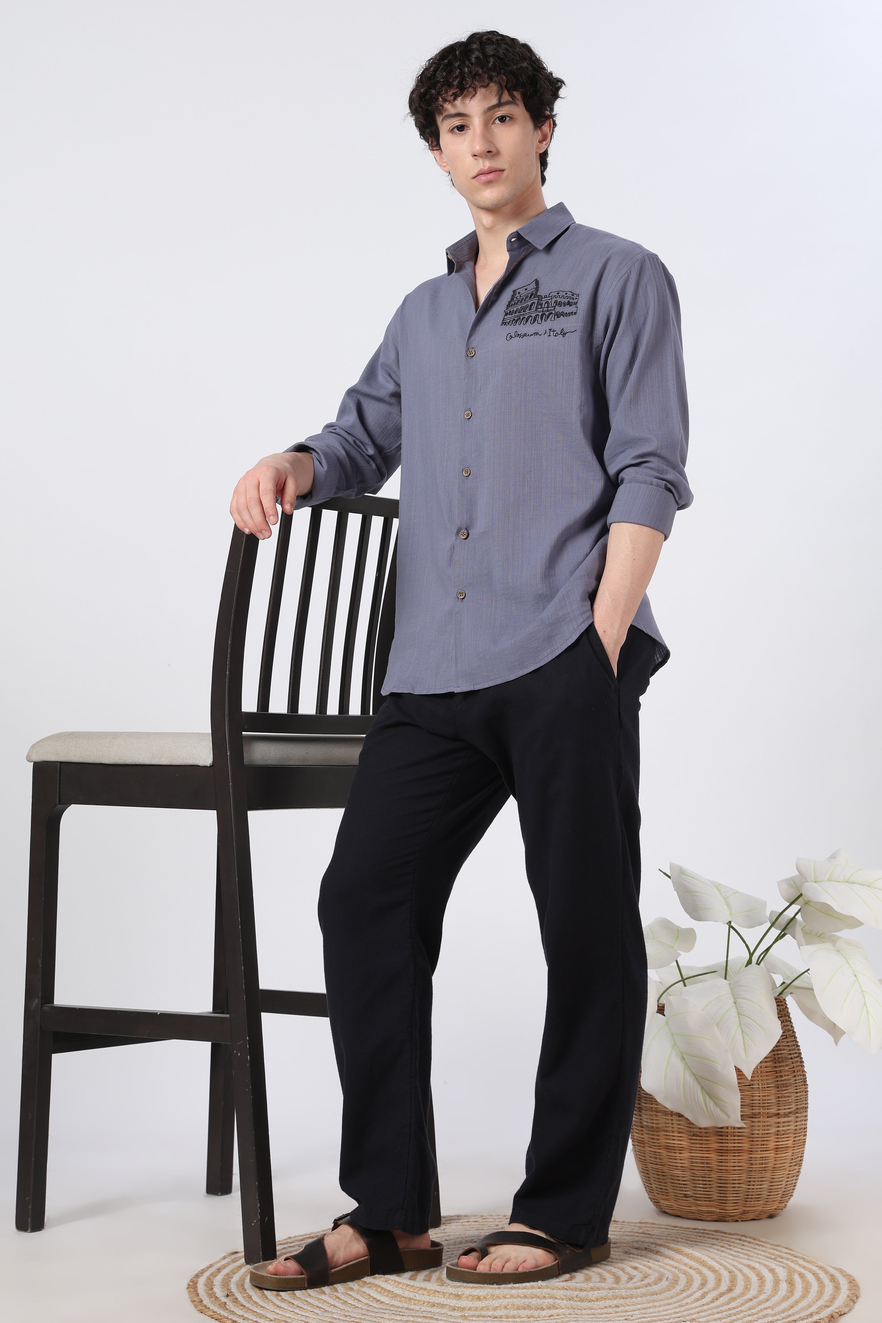 Roman Echo Cotton Regular Fit Violet Blue Embroidered Shirt