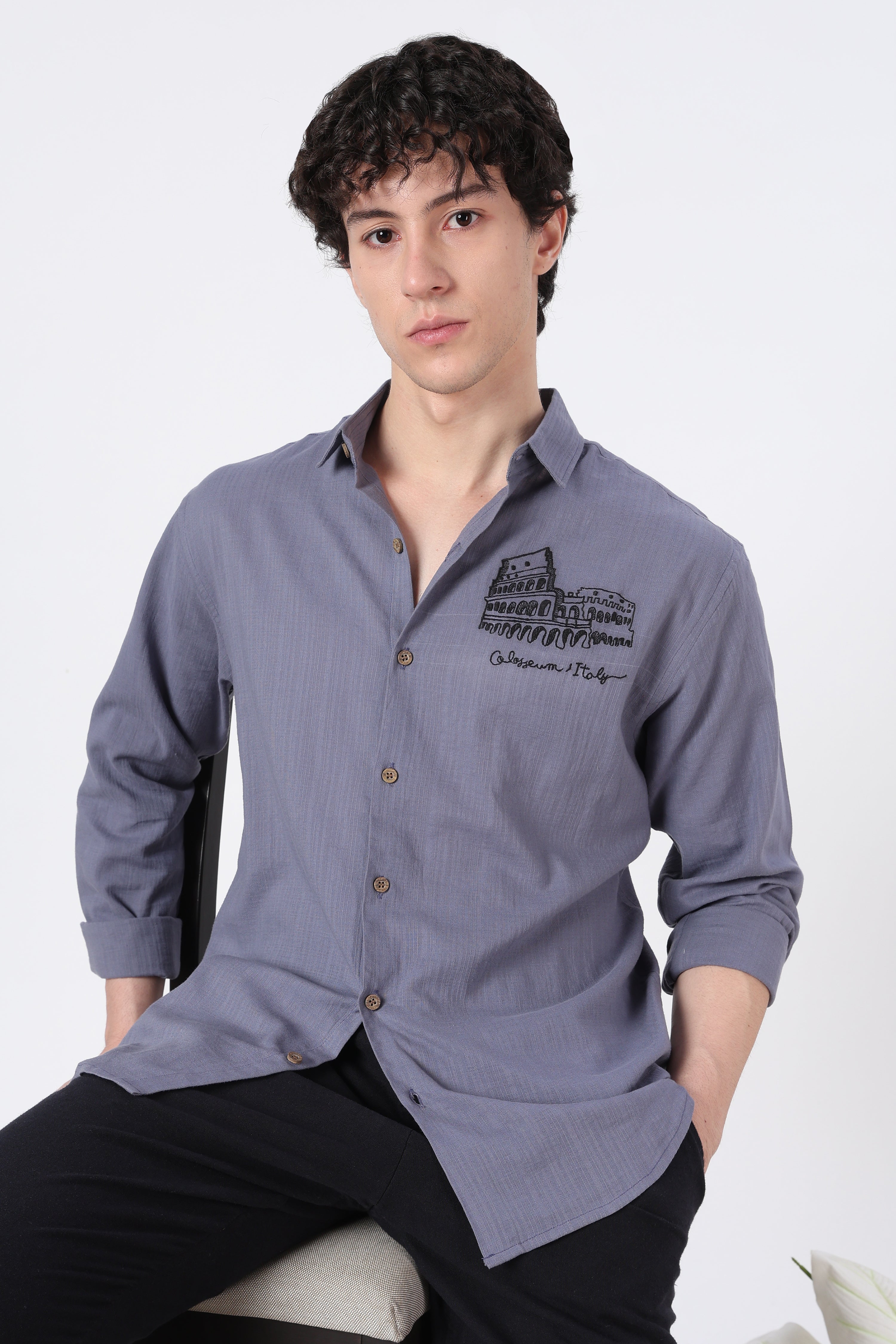 Roman Echo Cotton Regular Fit Violet Blue Embroidered Shirt