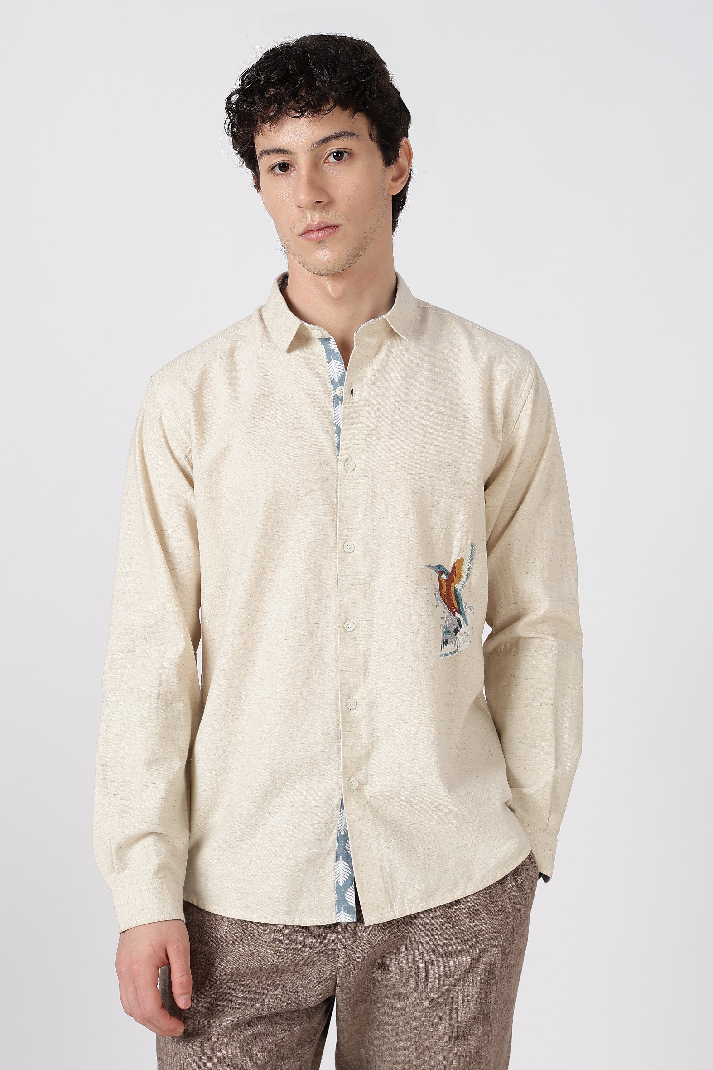 Kingfisher Cotton Regular Fit Beige Embroidered Shirt