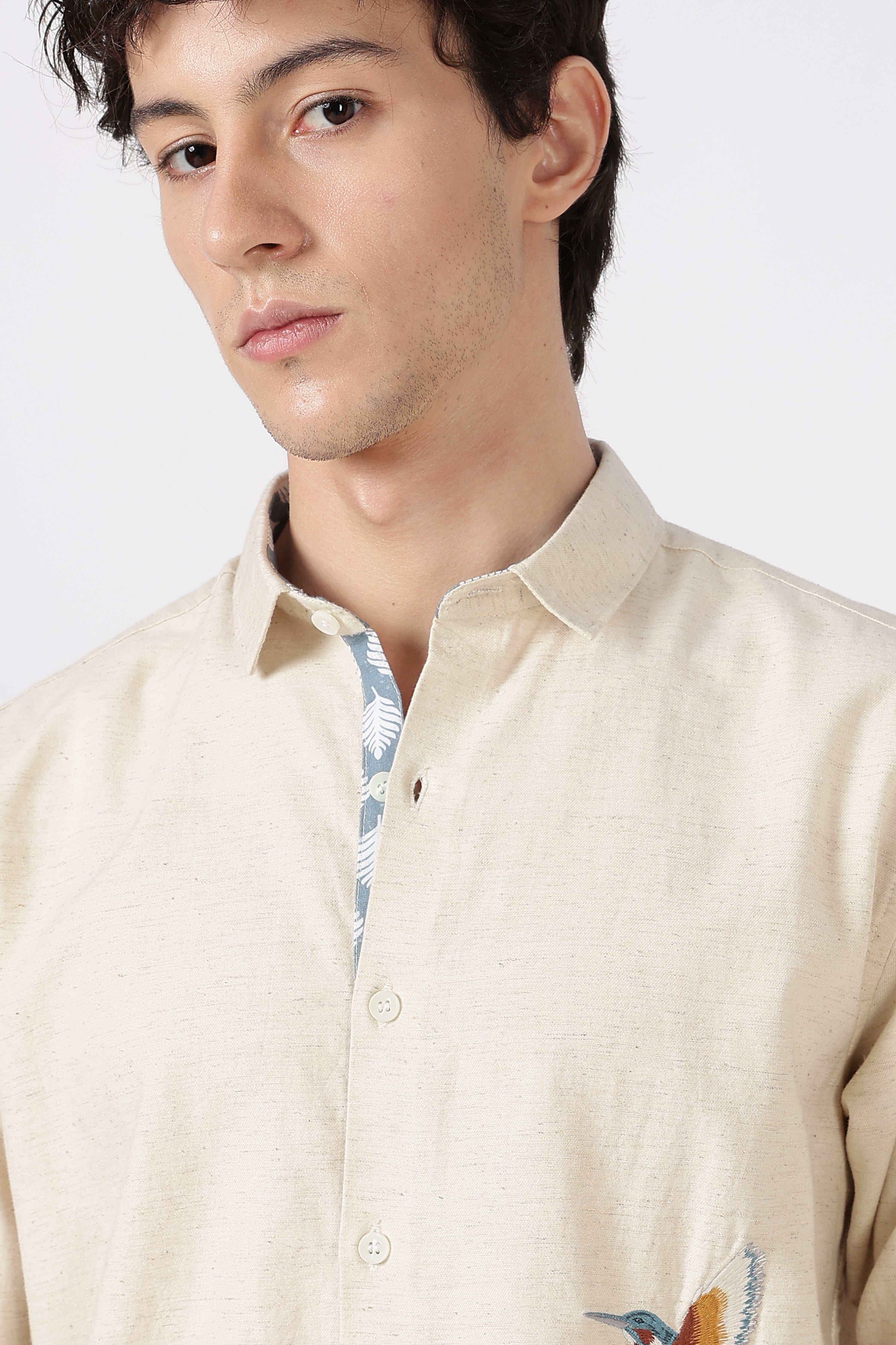 Kingfisher Cotton Regular Fit Beige Embroidered Shirt