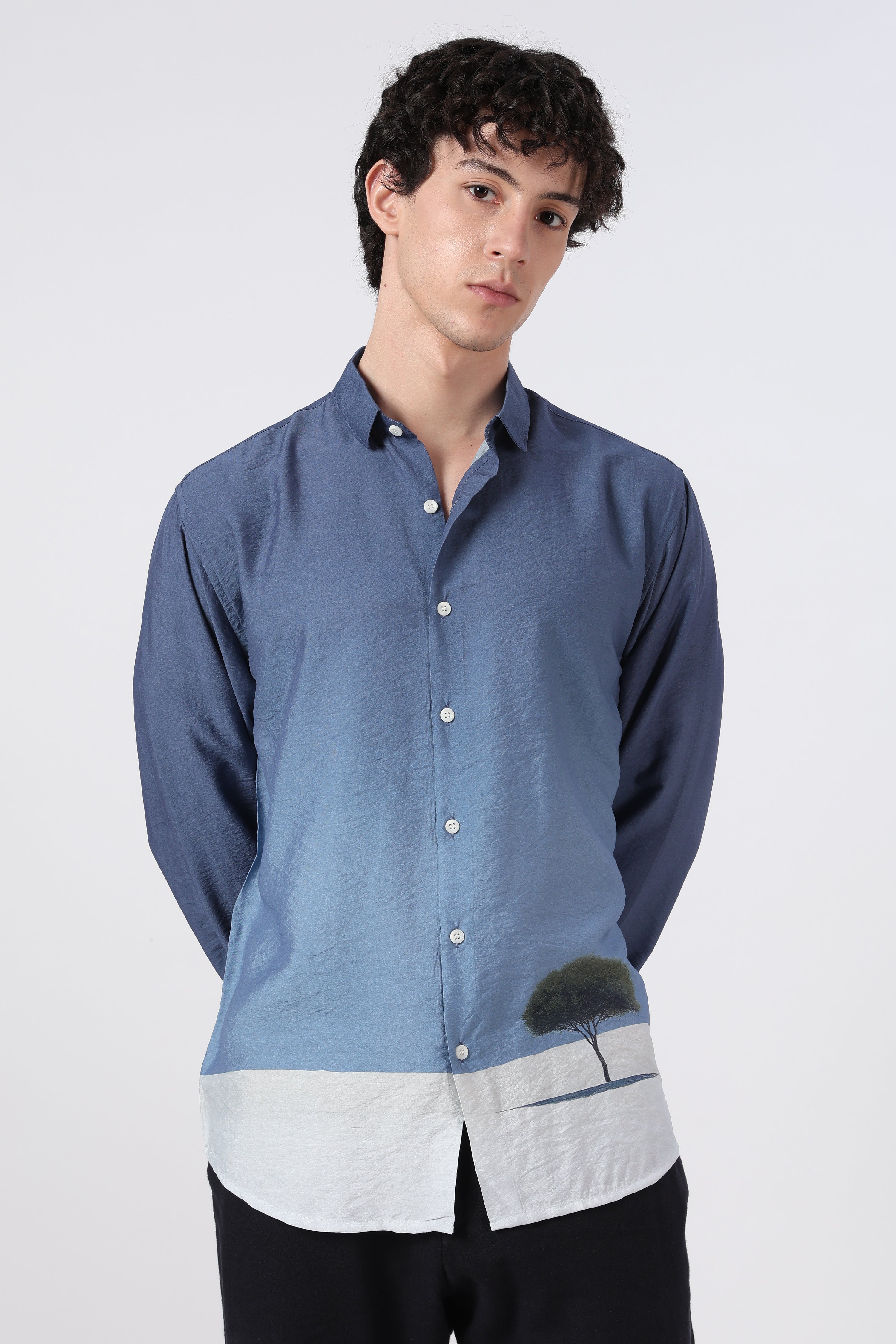 Lone Horizon Cotton Regular Fit Blue Printed Shirt