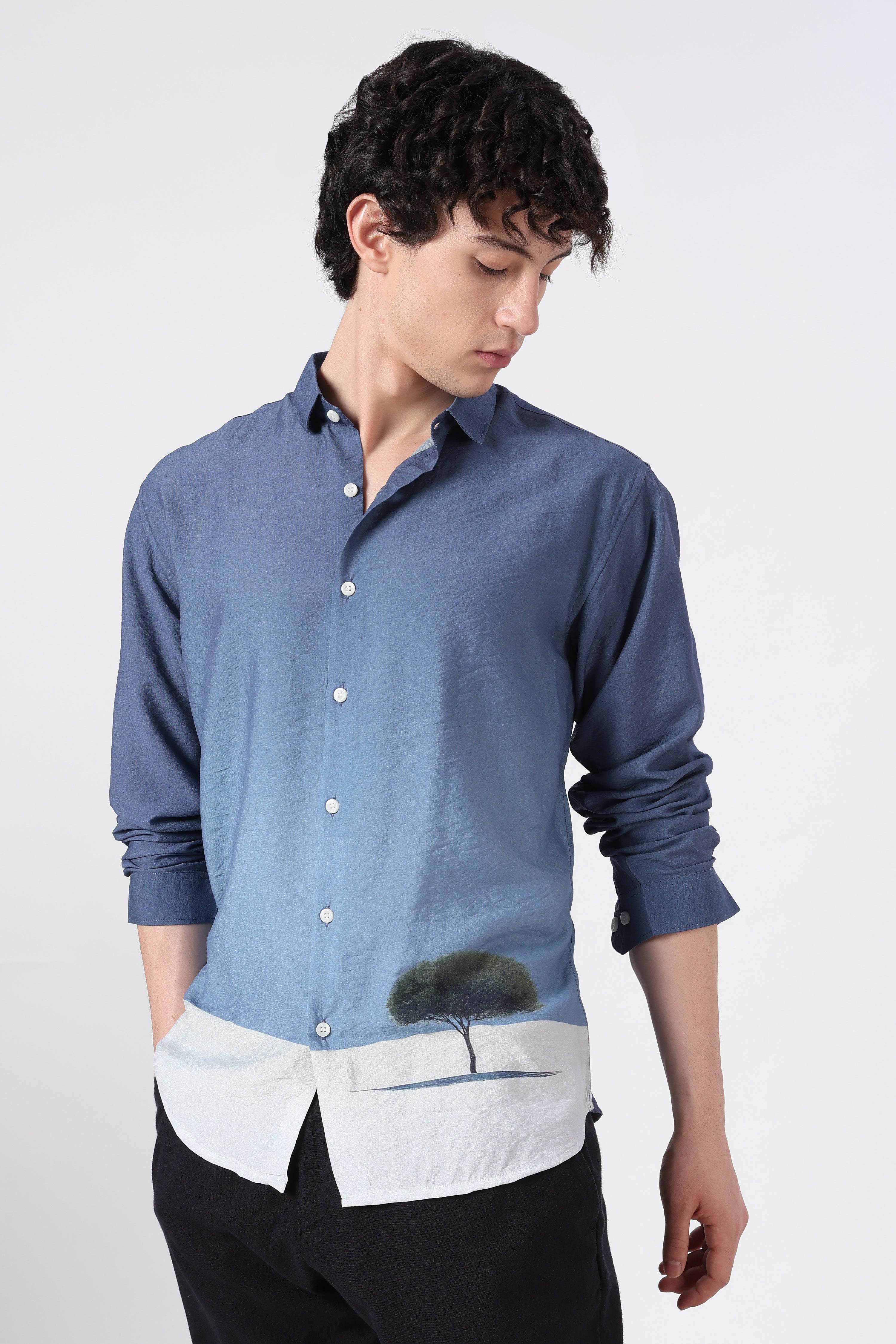 Lone Horizon Cotton Regular Fit Blue Printed Shirt