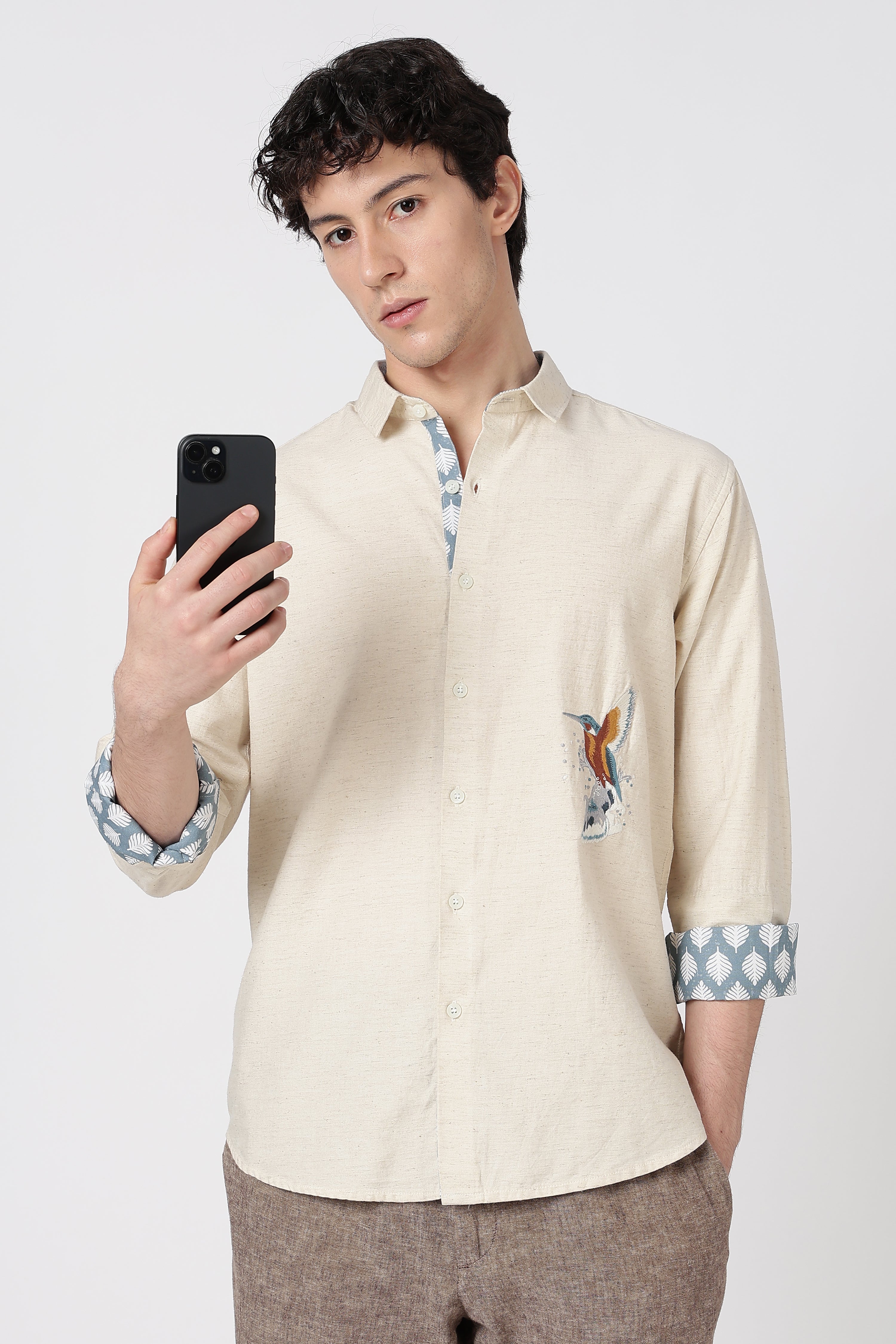 Kingfisher Cotton Regular Fit Beige Embroidered Shirt