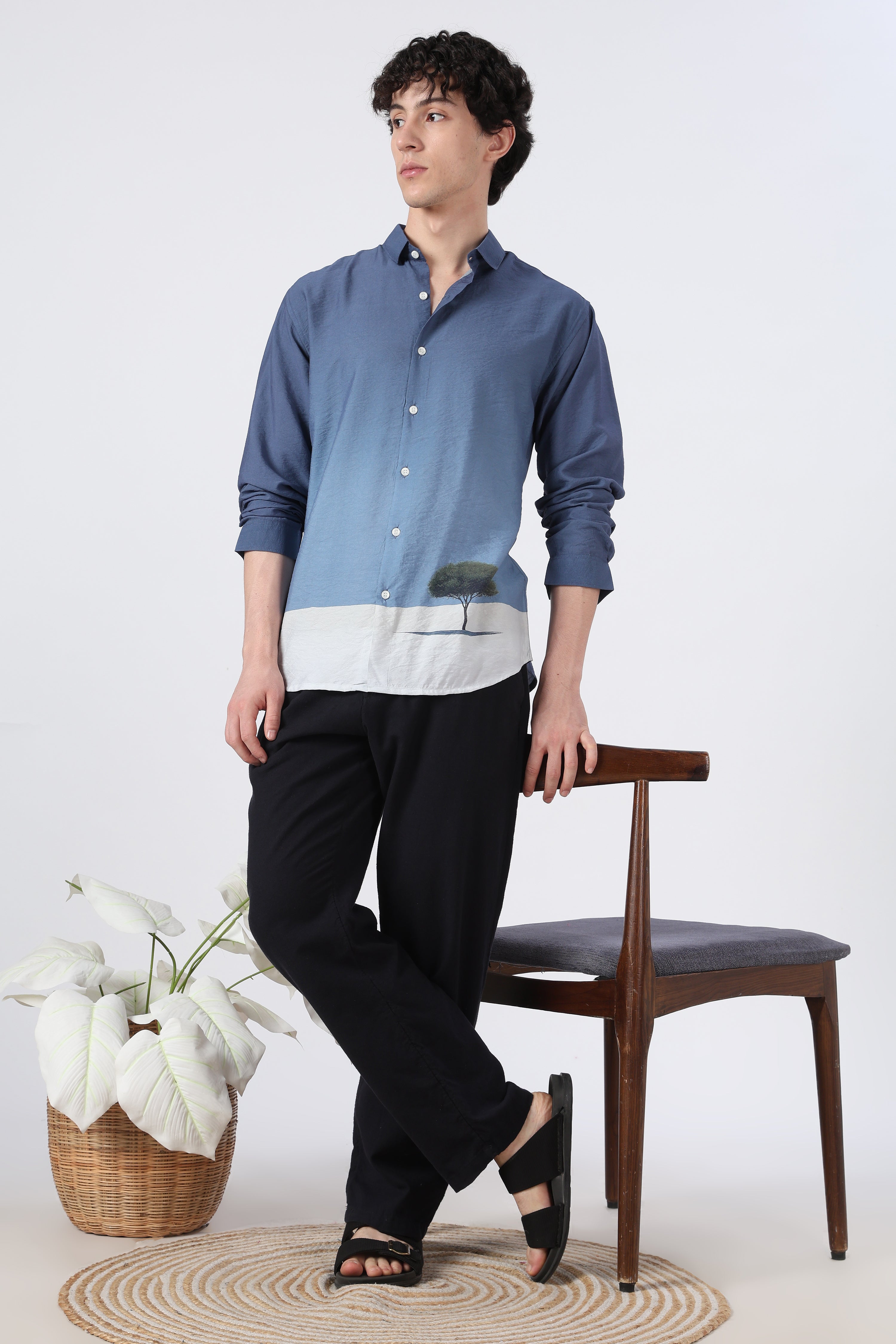 Lone Horizon Cotton Regular Fit Blue Printed Shirt