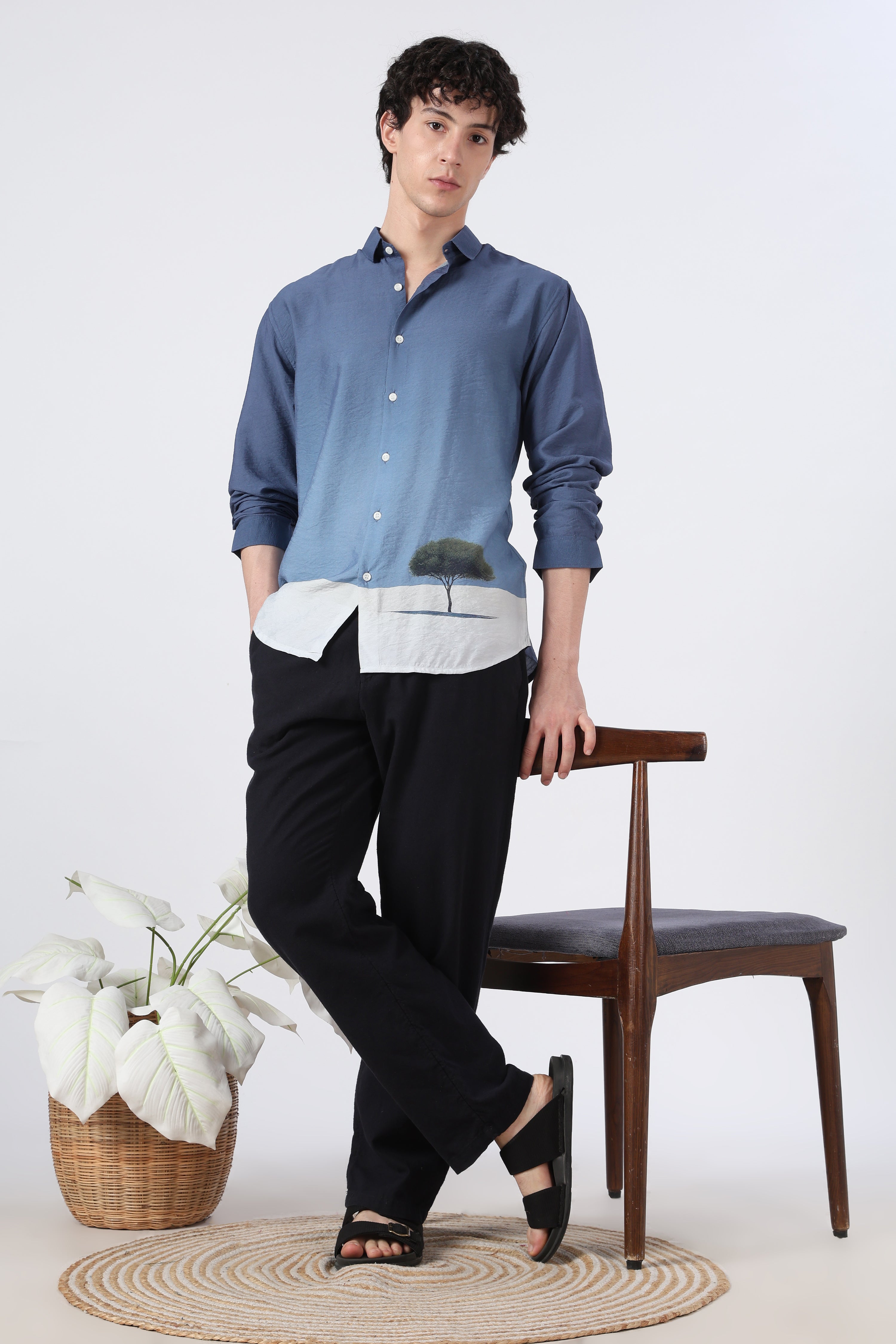 Lone Horizon Cotton Regular Fit Blue Printed Shirt