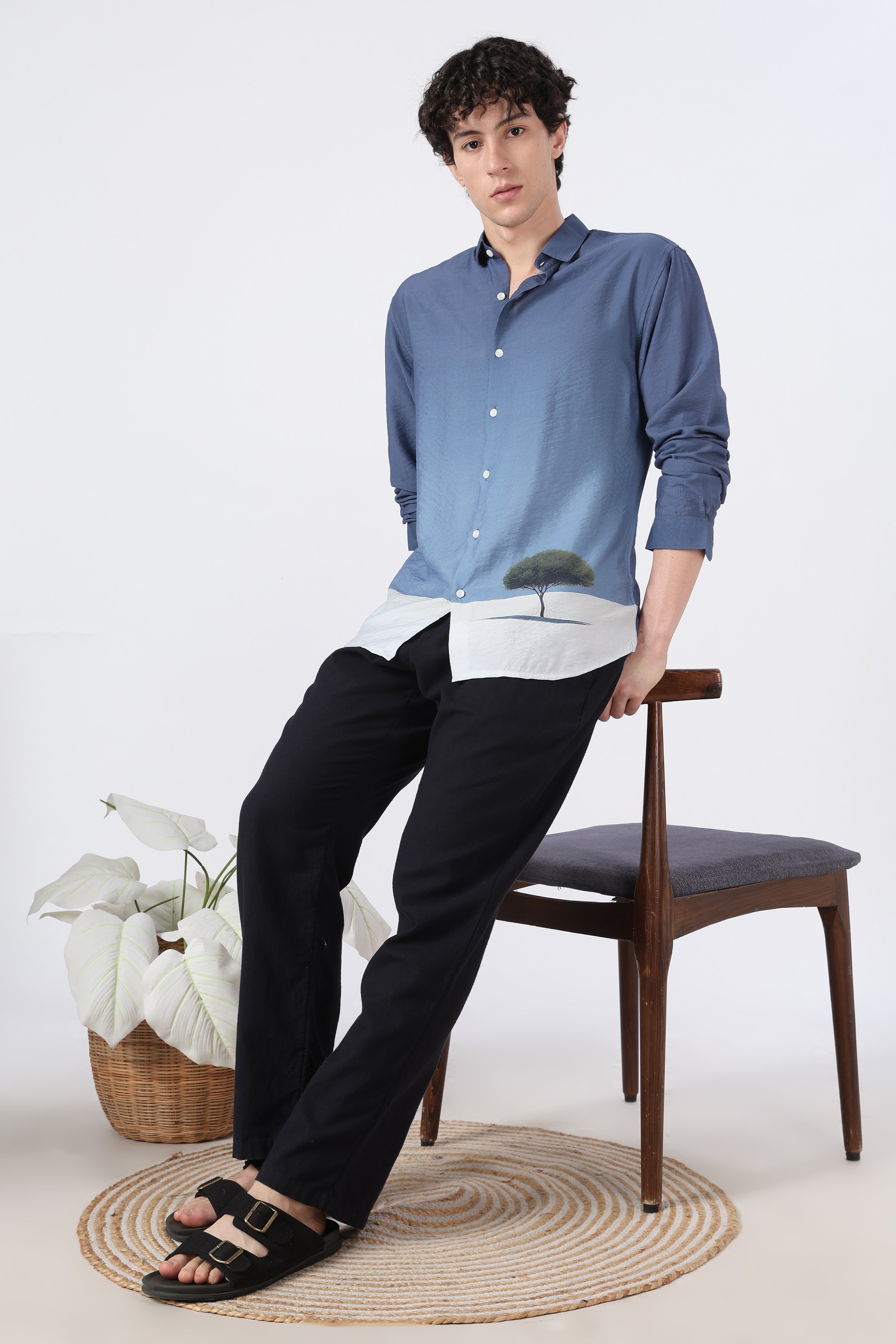 Lone Horizon Cotton Regular Fit Blue Printed Shirt
