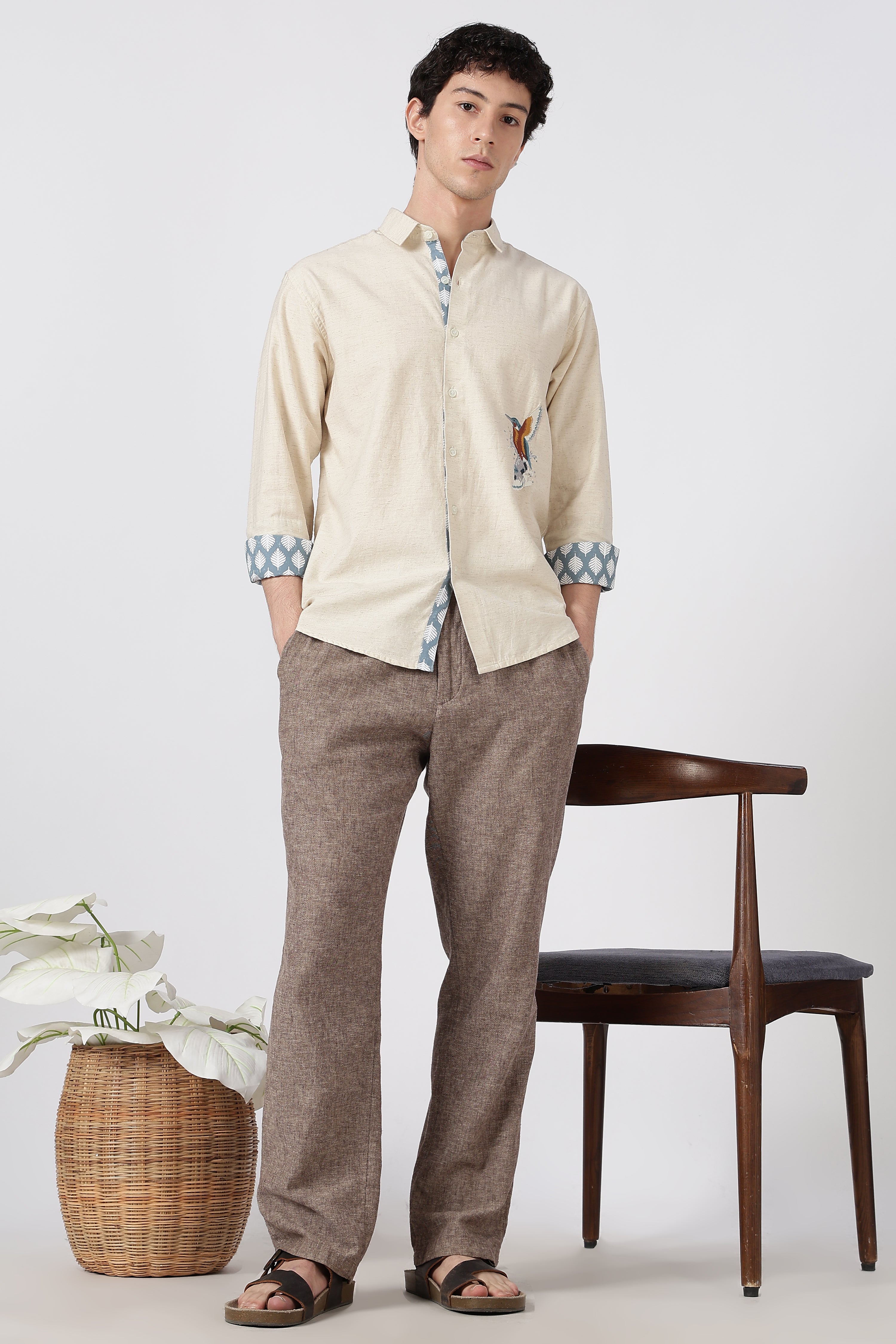 Kingfisher Cotton Regular Fit Beige Embroidered Shirt