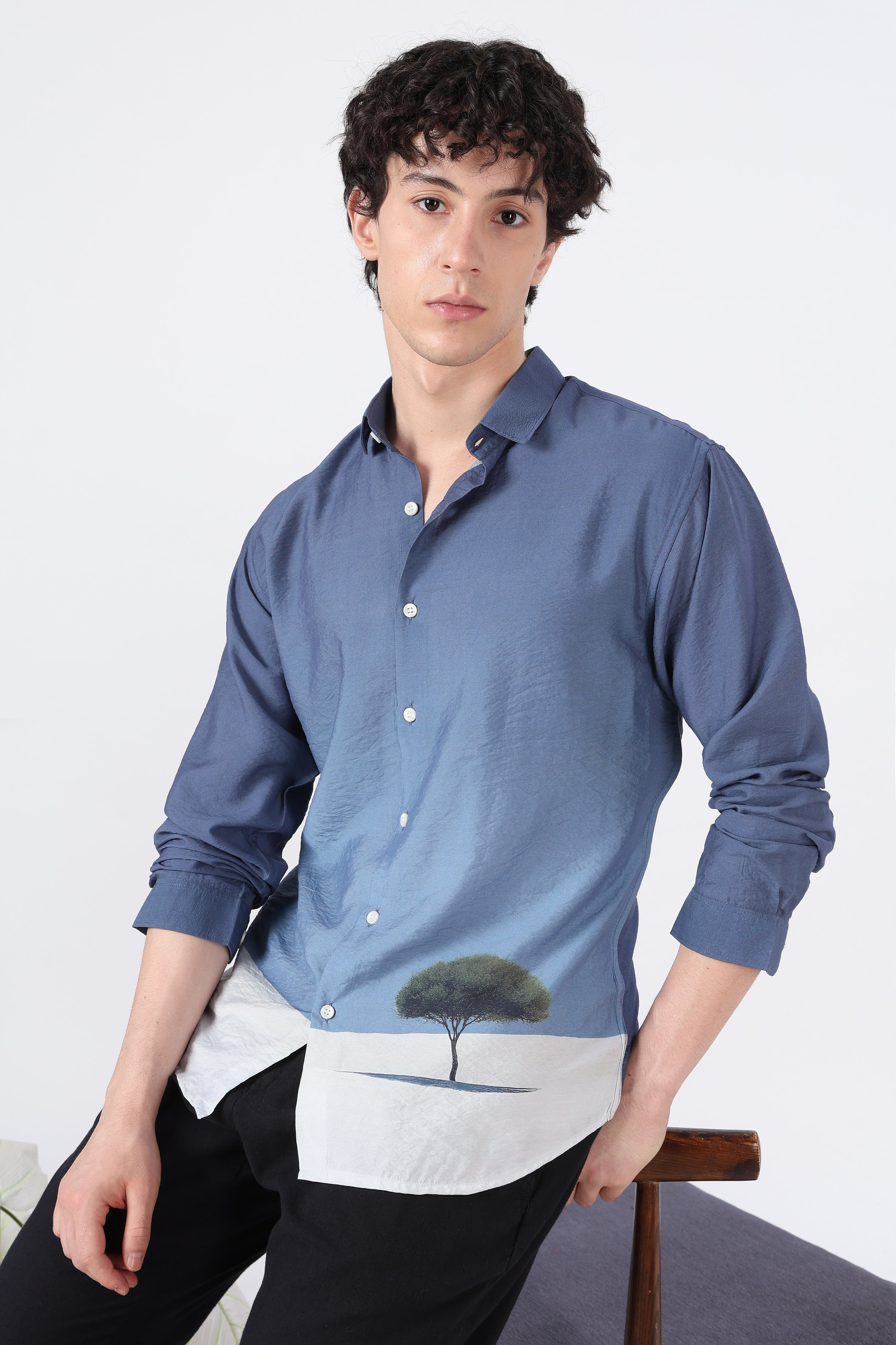 Lone Horizon Cotton Regular Fit Blue Printed Shirt